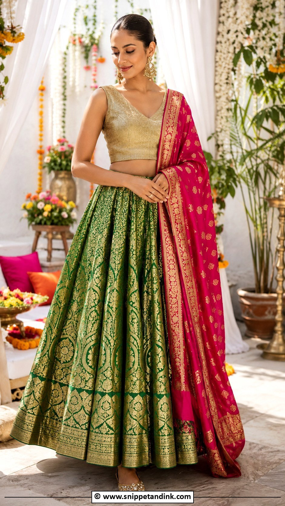 Banarasi Mehandi Lehenga Outfit - Snippet and Ink - 30 Mehandi Outfits