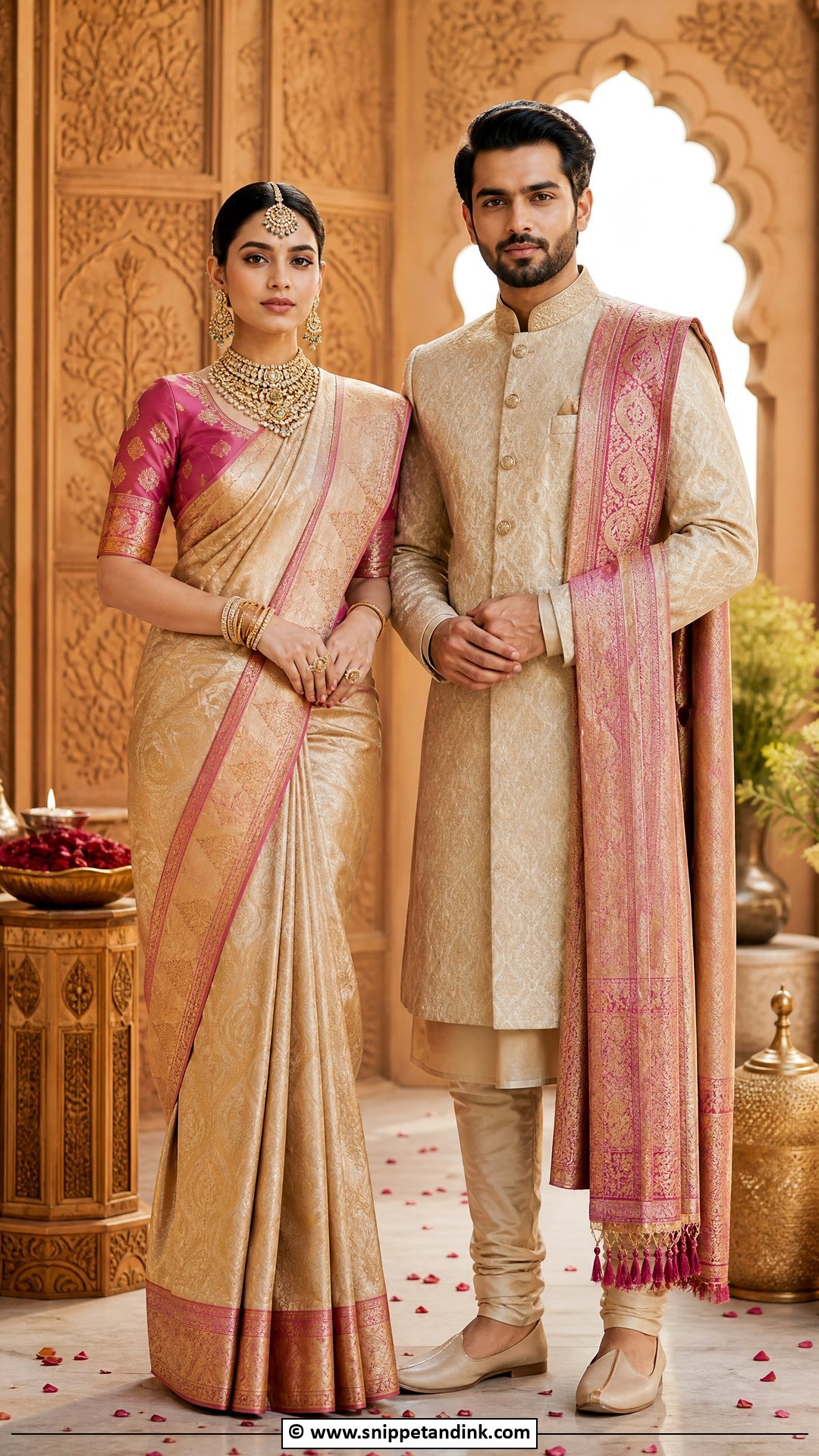 Banarasi Saree And Banarasi Sherwani - Snippet and Ink - 35 Indian Couple Matching Dress Ideas