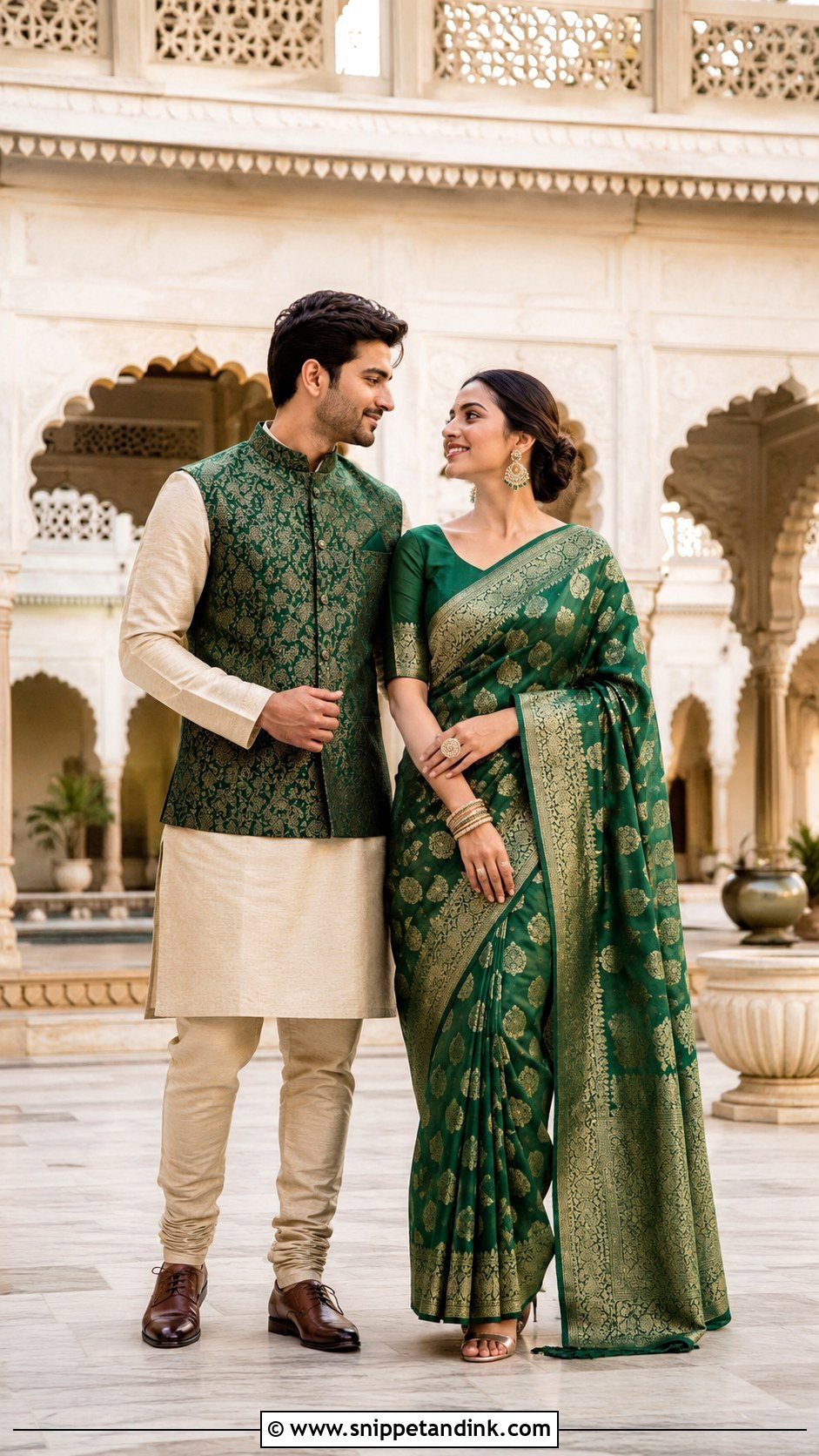 Banarasi Saree And Brocade Jacket Pre Wedding Shoot Outfit - Snippet and Ink - 20 Indian Pre Wedding Shoot Outfit Ideas