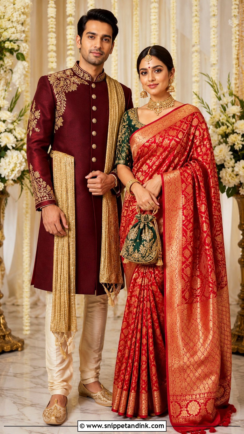 Banarasi Saree And Maroon Achkan Couple Outfit - Snippet and Ink - 20 Indian Wedding Couple Outfits
