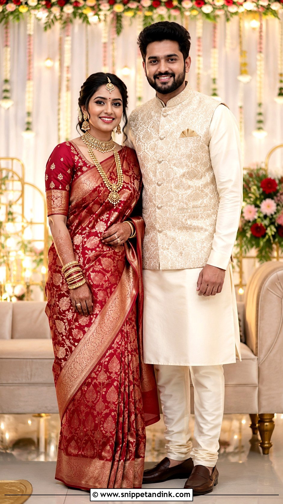 Banarasi Saree And Silk Kurta - Snippet and Ink - 25 Indian Couple Ring Ceremony Dress Ideas