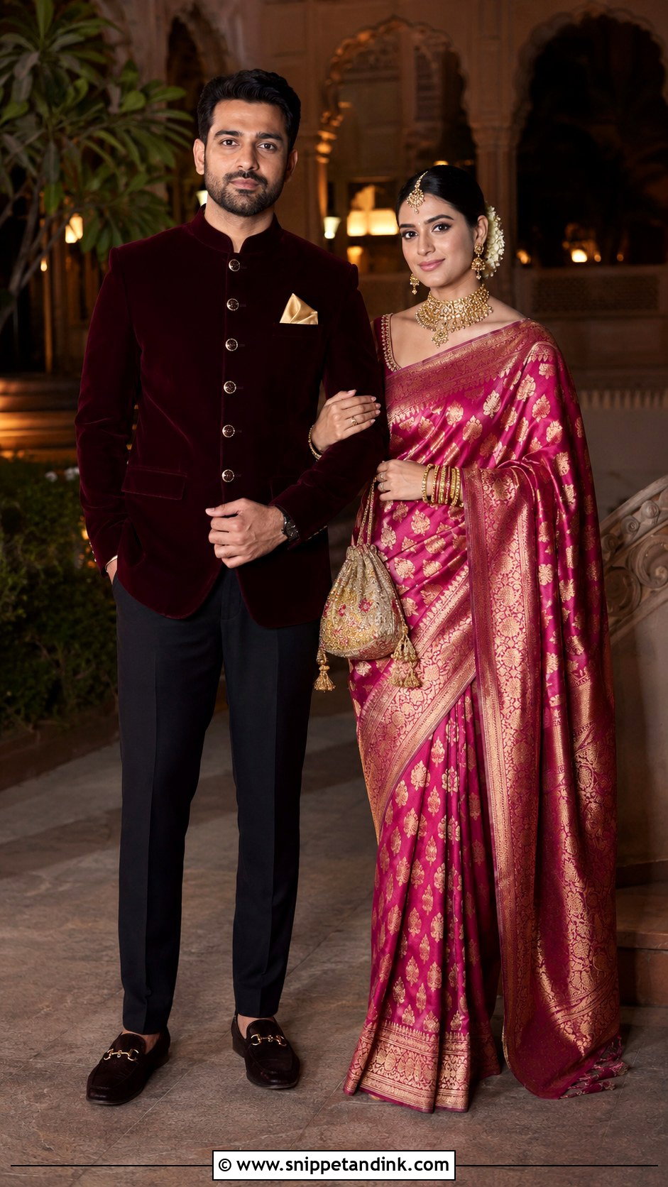 Banarasi Saree And Velvet Bandhgala - Snippet and Ink - 20 Couple Matching Dress Indian Wedding Ideas