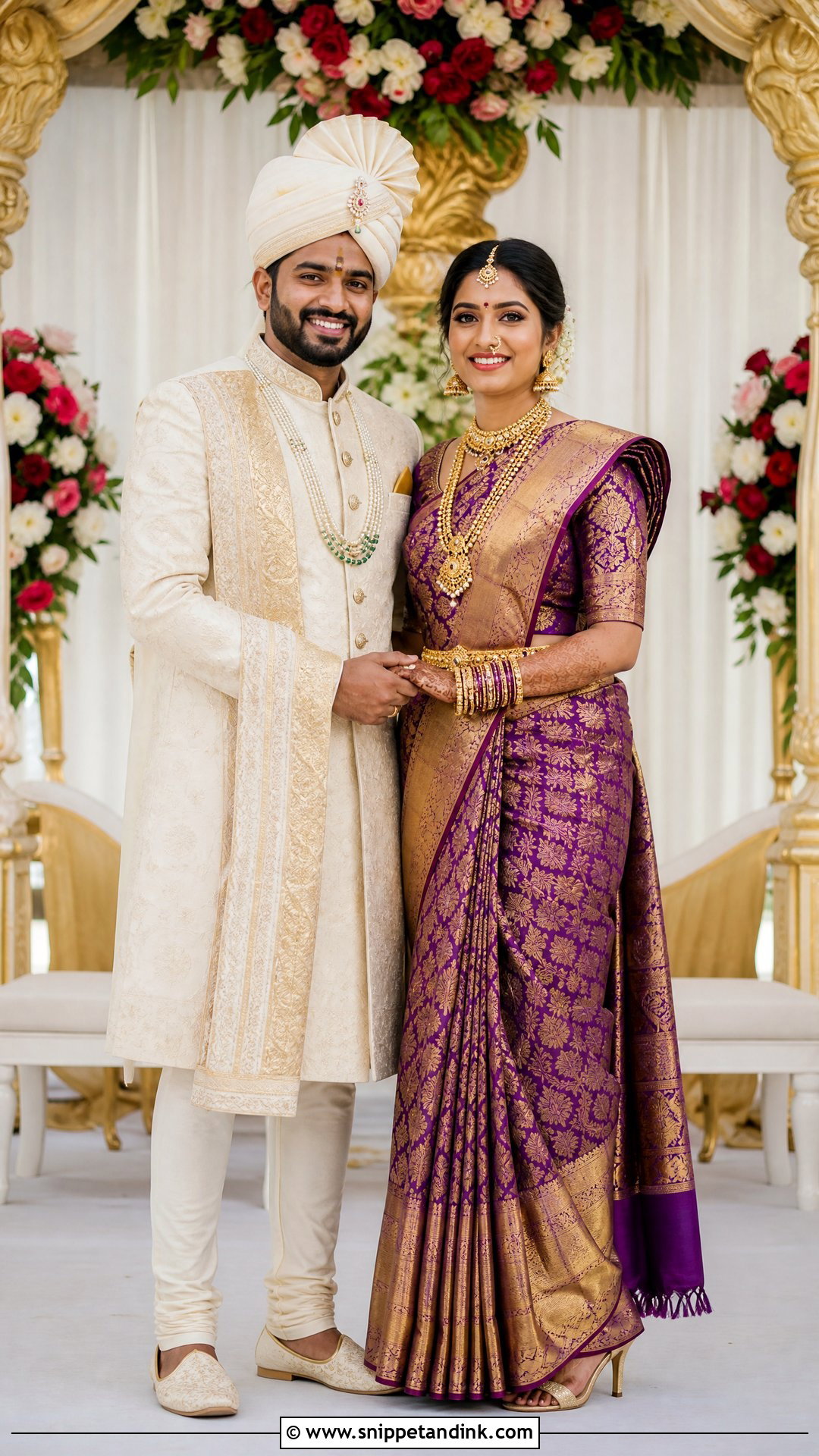 Banarasi Saree With Embroidered Sherwani - Snippet and Ink - 25 Indian Hindu Couple Wedding Dress Ideas