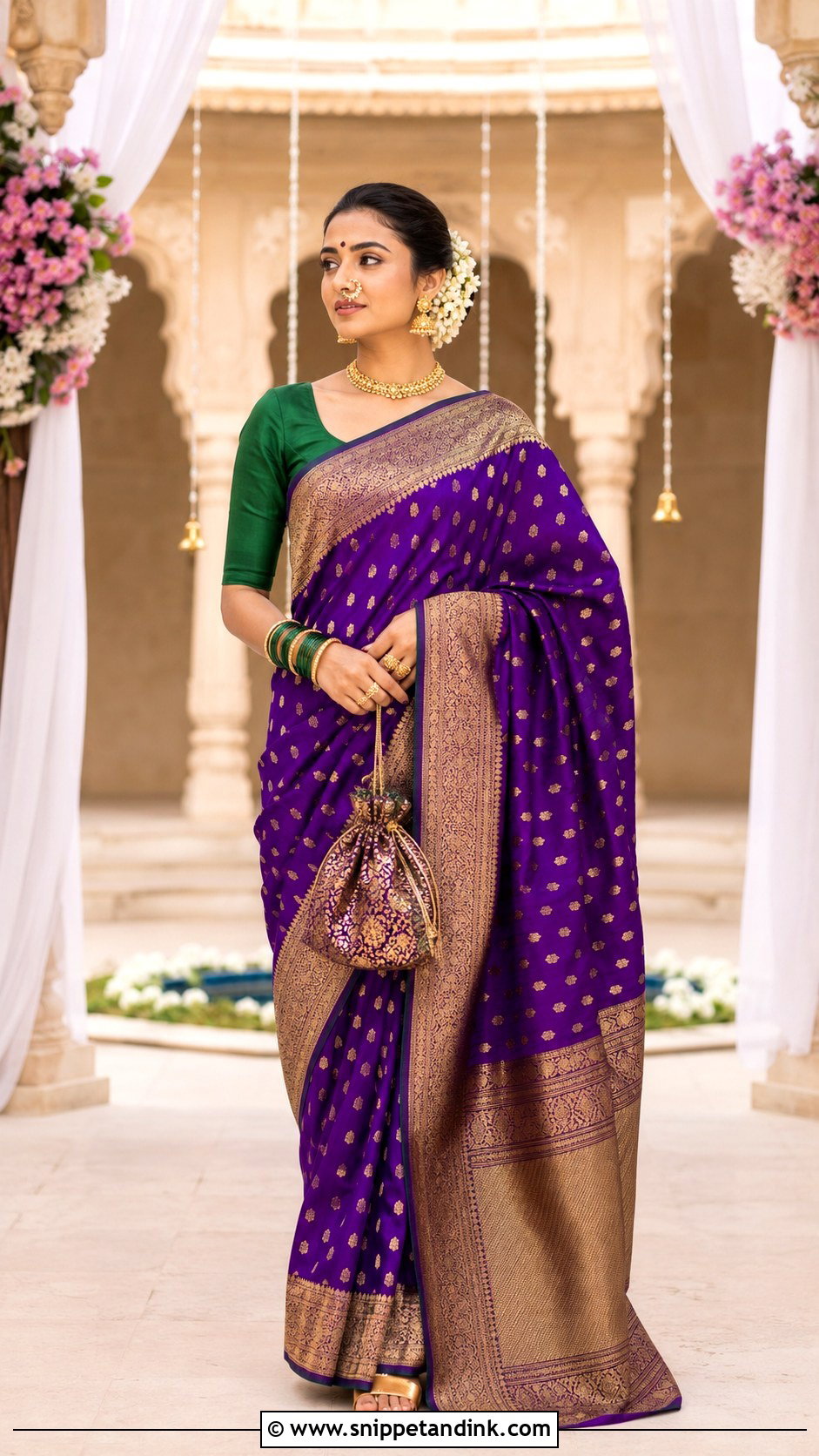 Banarasi Saree With Maharashtrian Jewelry - Snippet and Ink - 20 Maharatrian Wedding Outfit Ideas