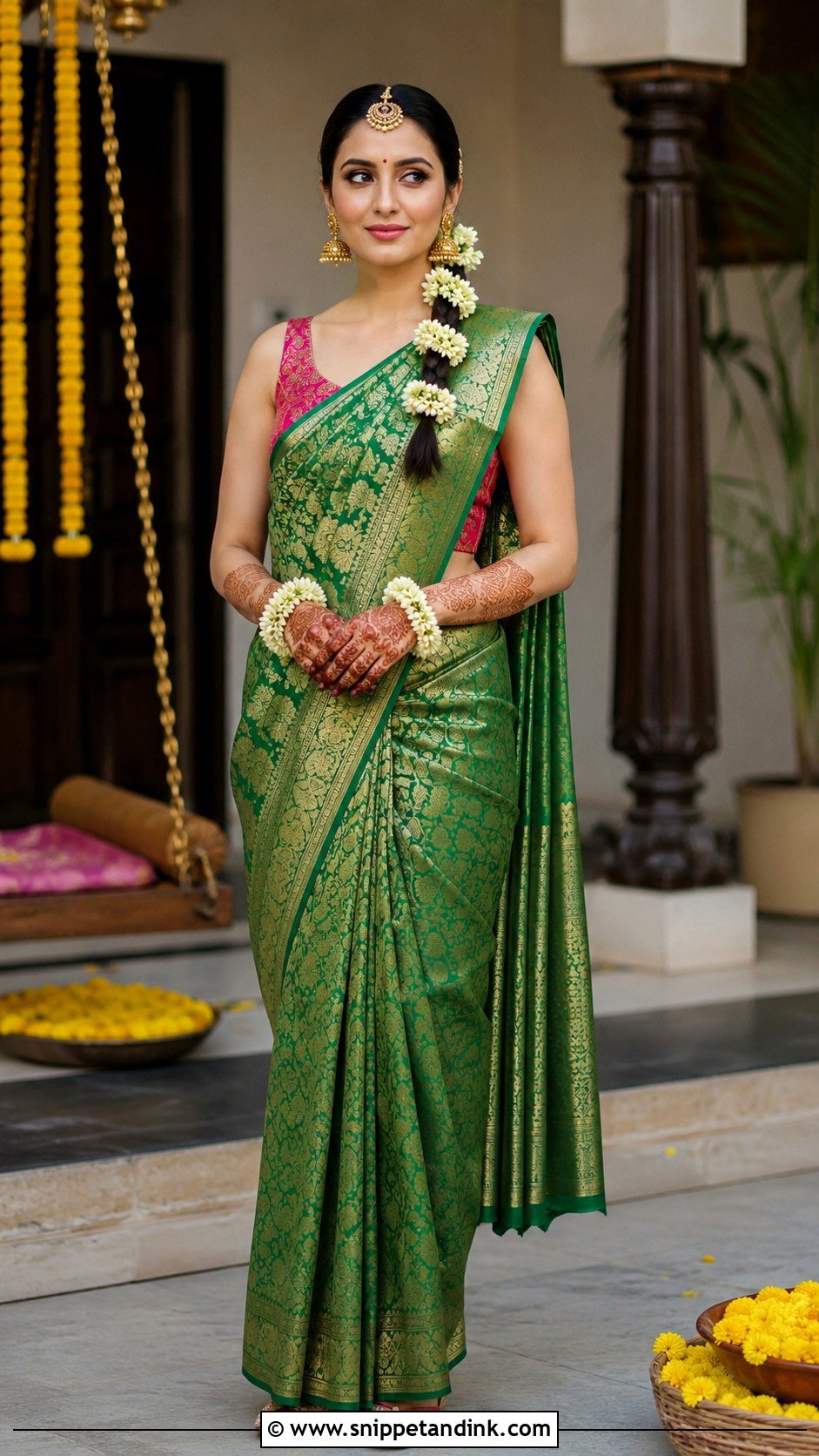 Banarasi Silk Saree Mehendi Outfit - Snippet and Ink - 20 Mehendi Ceremony Outfits Brides