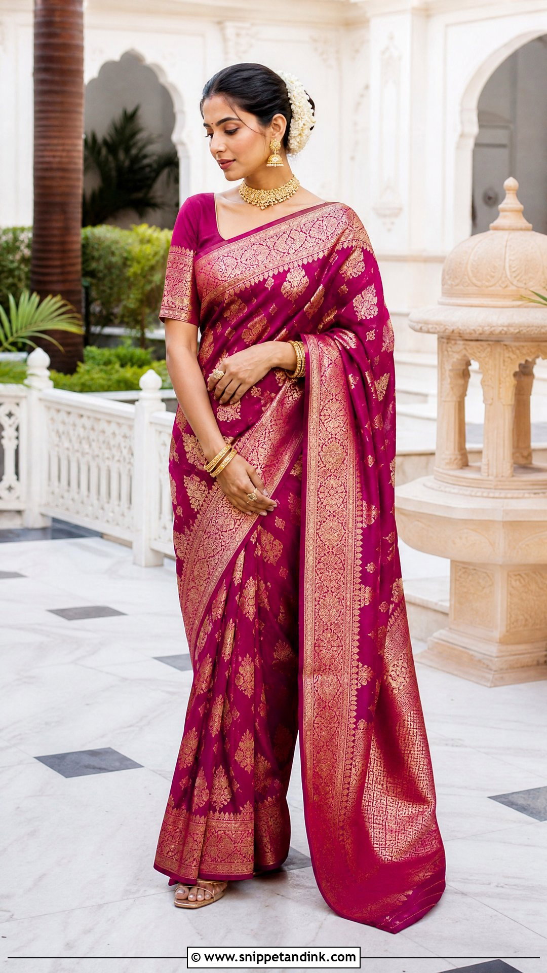 Banarasi Silk Saree With Gold Jewelry - Snippet and Ink - 20 Traditional Indian Wedding Outfits
