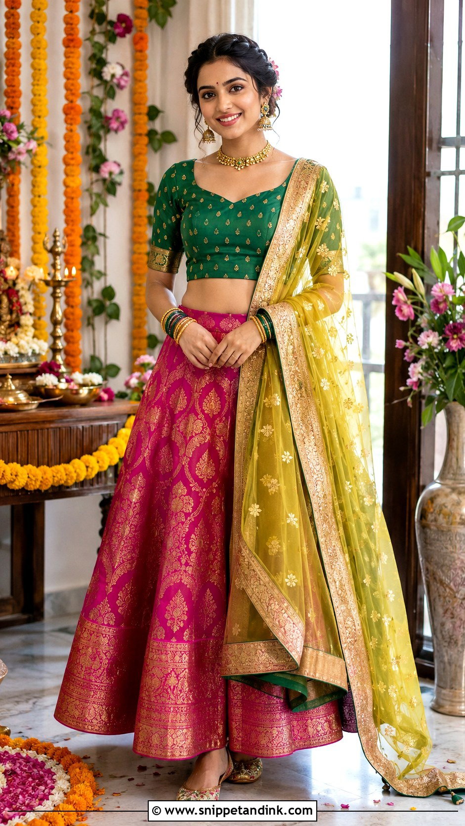 Banarasi Skirt And Blouse For Pre Wedding Puja - Snippet and Ink - 20 Indian Pre Wedding Dress Ideas