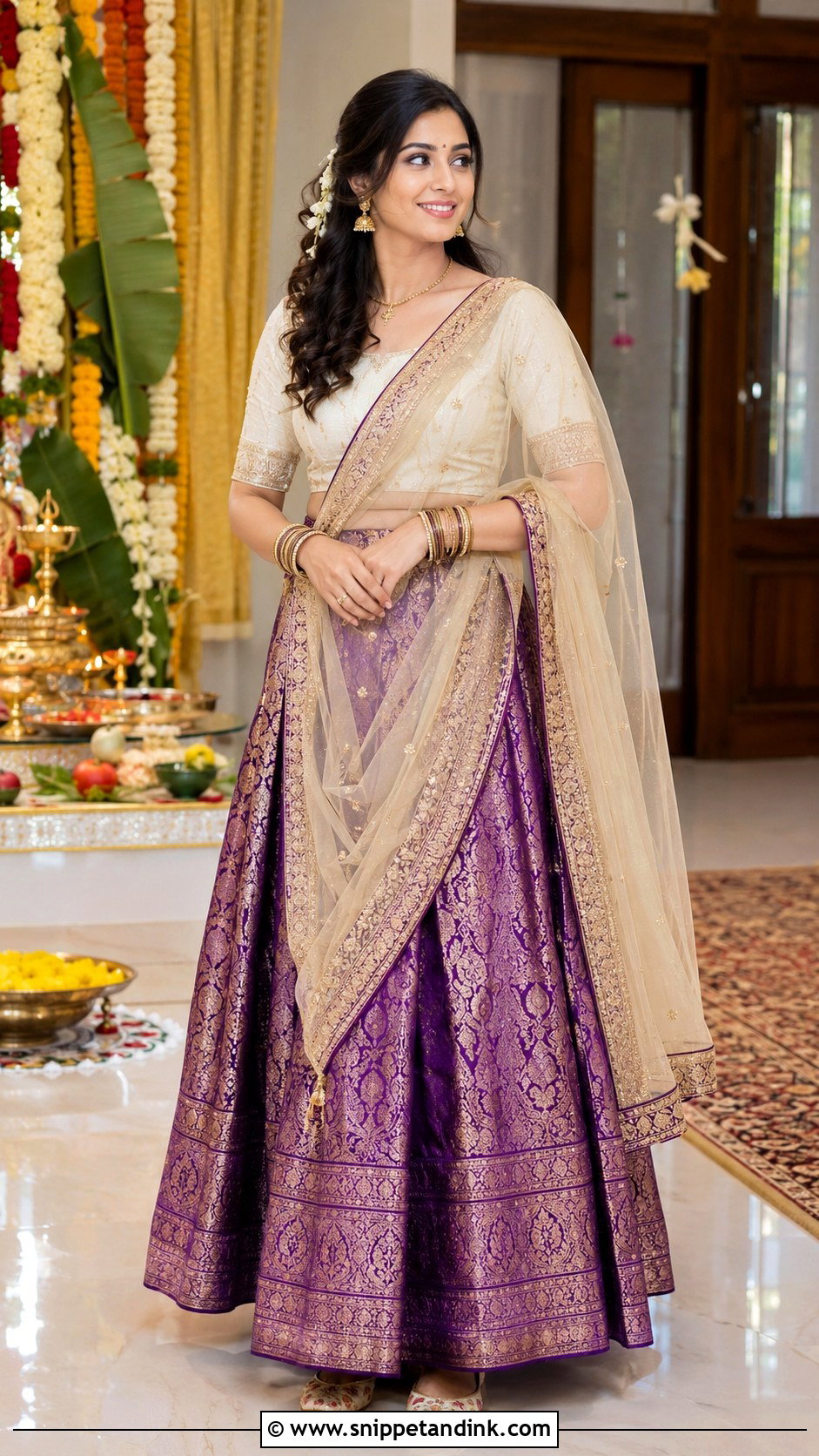 Banarasi Skirt Prewedding Puja Outfit - Snippet and Ink - 20 Indian Prewedding Outfit Ideas