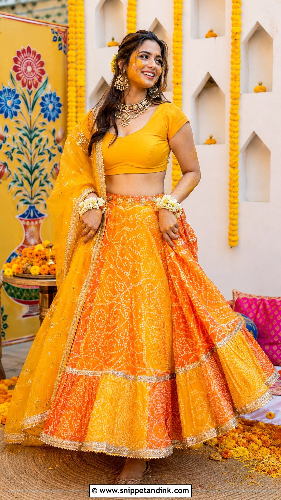 Bandhani Bridal Haldi Lehenga - Snippet and Ink - 25 Bridal Haldi Dress Ideas