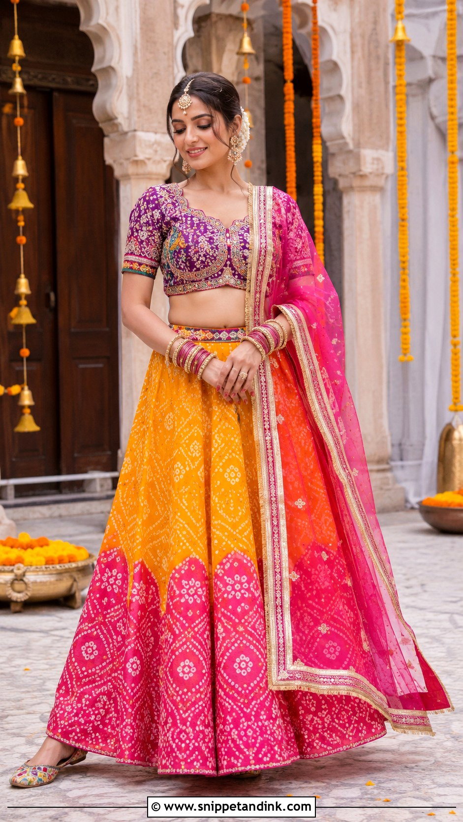 Bandhani Bridal Mehendi Lehenga - Snippet and Ink - 20 Bridal Mehendi Outfit Ideas