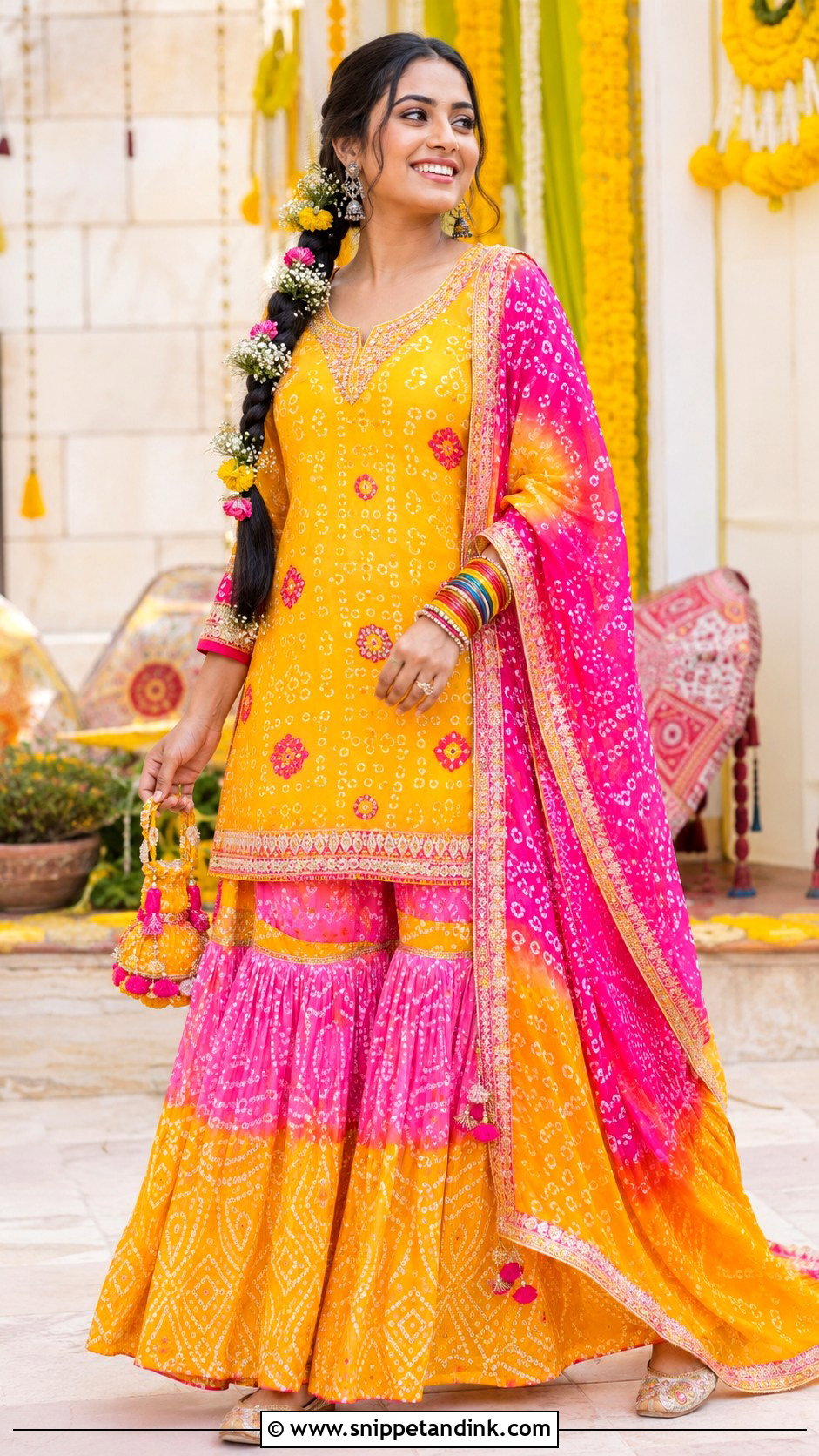 Bandhani Gharara Haldi Outfit - Snippet and Ink - 20 Haldi Rasam Dress Ideas