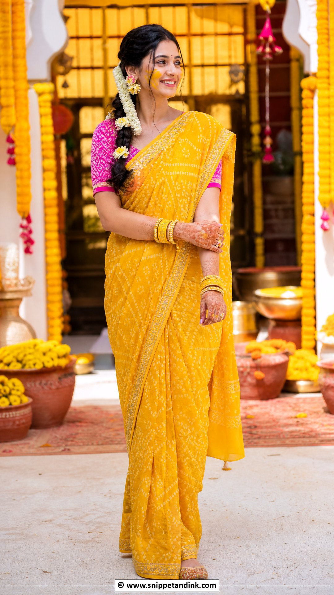 Bandhani Haldi Saree For Bride - Snippet and Ink - 35 Haldi Dress for Bride Ideas