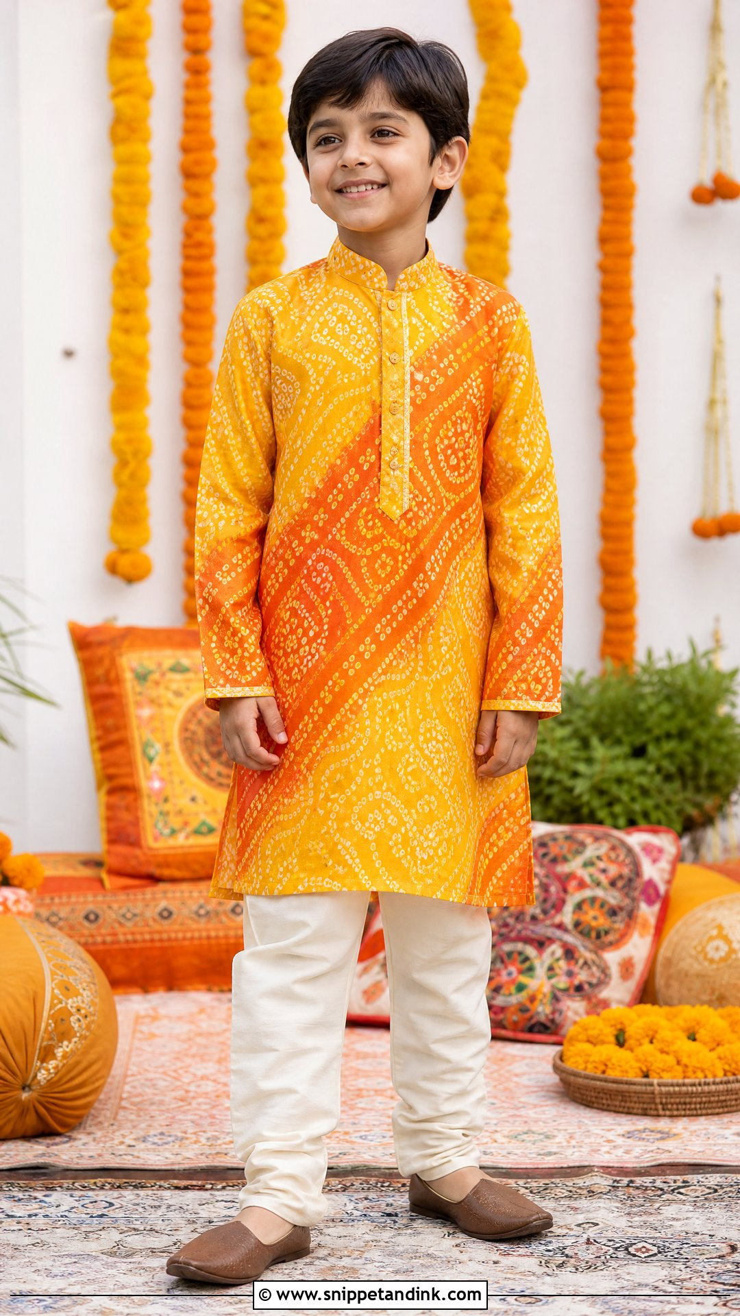 Bandhani Kurta With Plain Pajama Haldi Outfit - Snippet and Ink - 20 Boys Haldi Outfit Ideas
