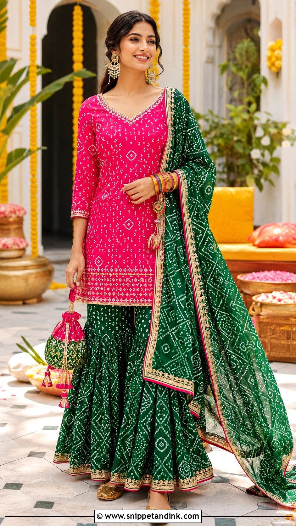 Bandhani Kurti With Gharara - Snippet and Ink - 20 Latest Kurti Designs for Wedding