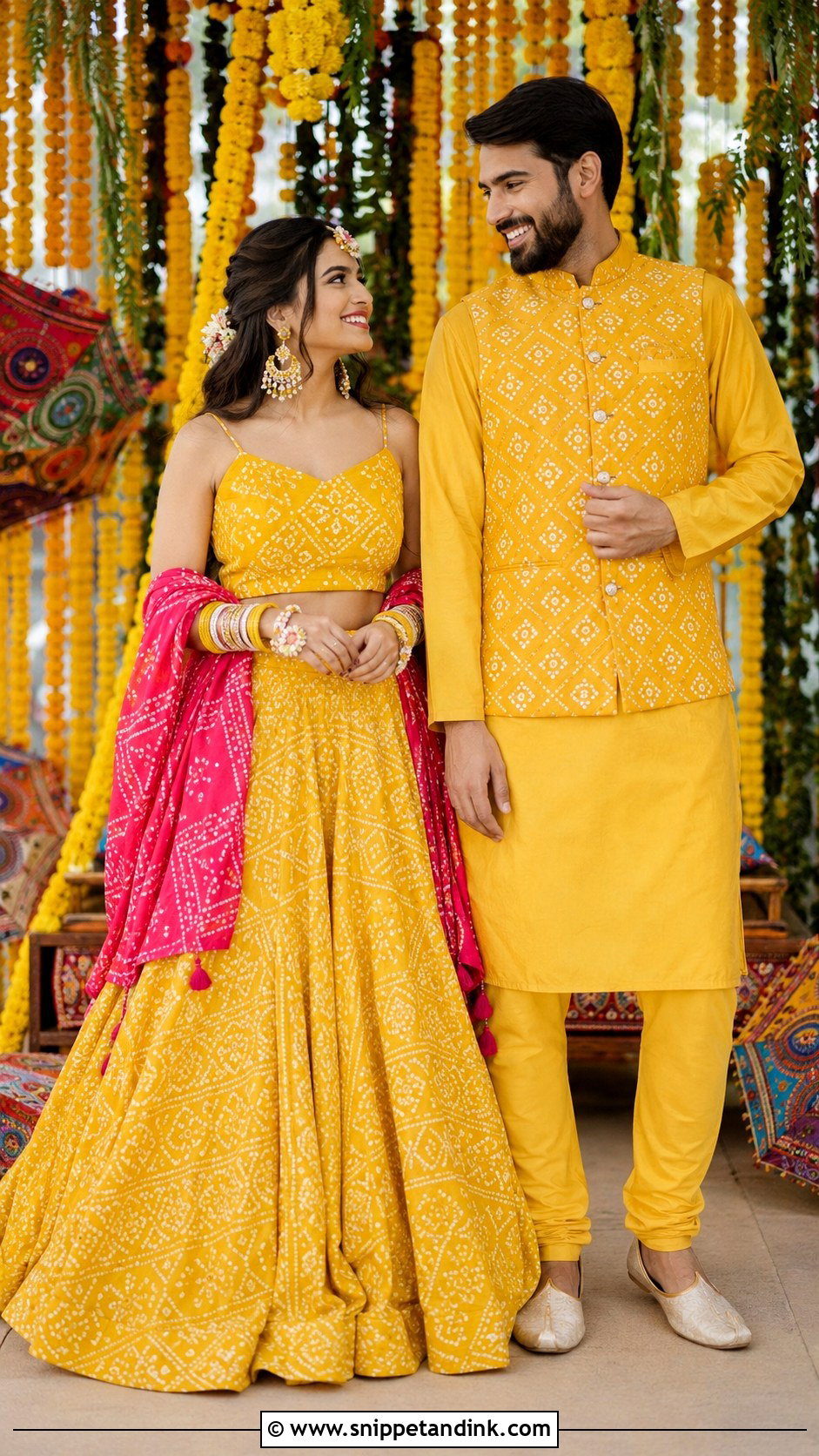 Bandhani Lehenga And Bandhani Kurta Haldi Couple Outfit - Snippet and Ink - 25 Haldi Couple Outfits