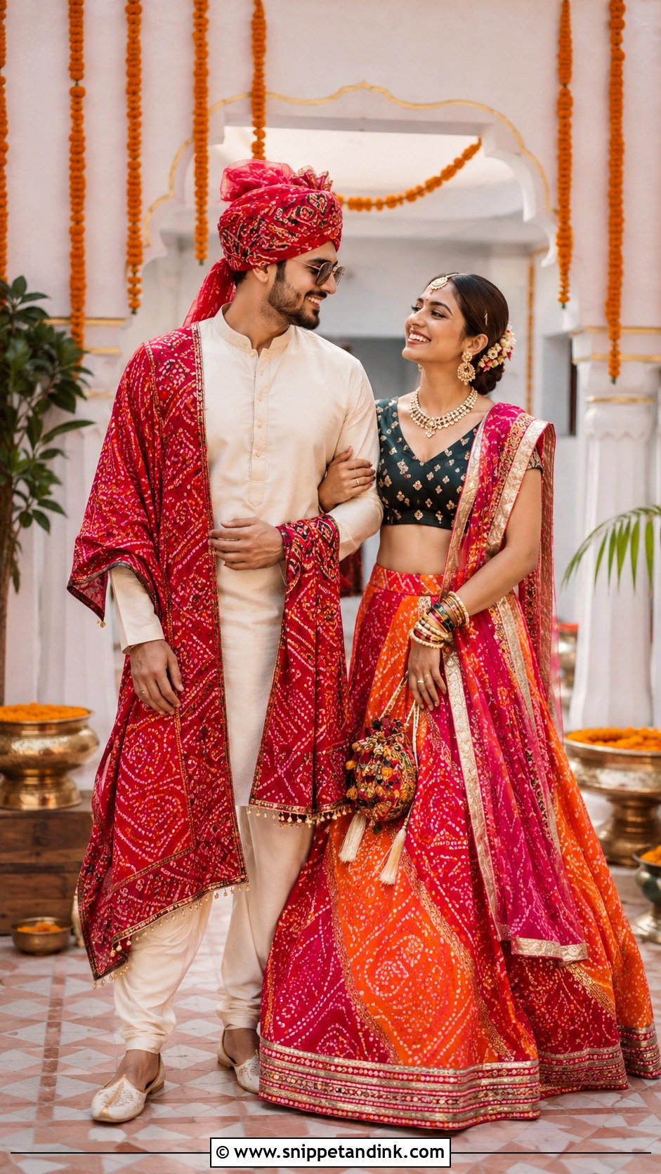 Bandhani Lehenga And Kurta Pajama Couple Outfit - Snippet and Ink - 20 Desi Couple Outfits