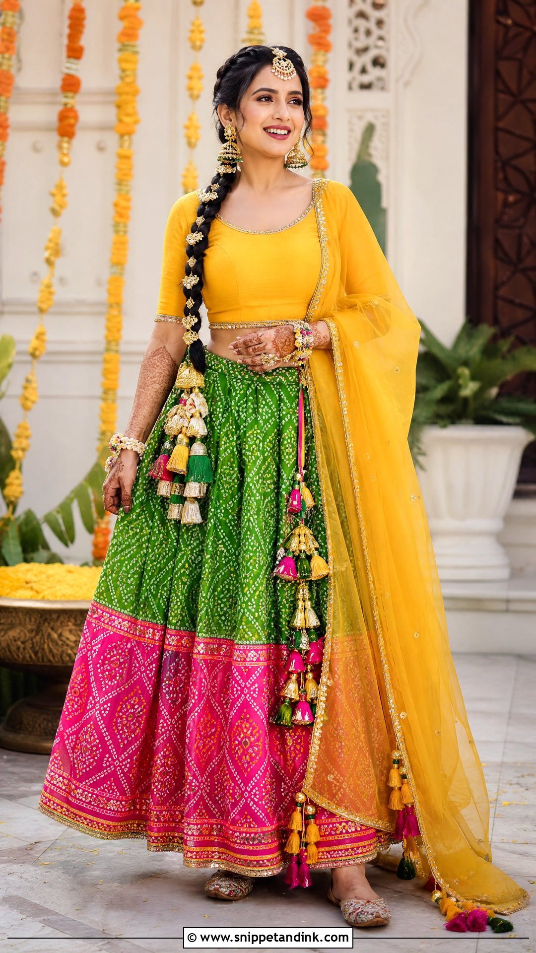 Bandhani Lehenga Bridal Mehndi Outfit - Snippet and Ink - 20 Simple Bridal Mehndi Outfit Ideas