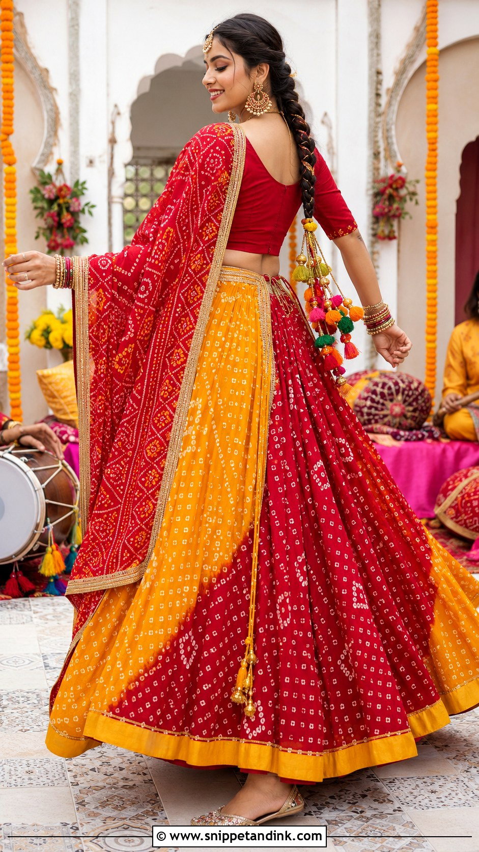 Bandhani Lehenga Dholki Dress - Snippet and Ink - 20 Dholki Dress for Bride Ideas