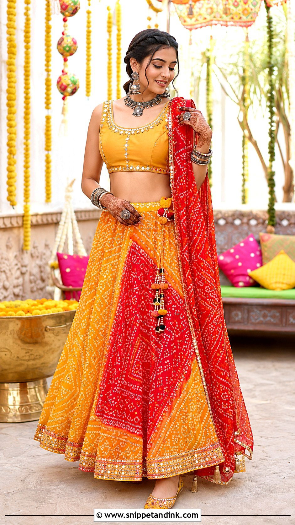 Bandhani Lehenga Mehendi Outfit - Snippet and Ink - 35 Mehendi Outfits