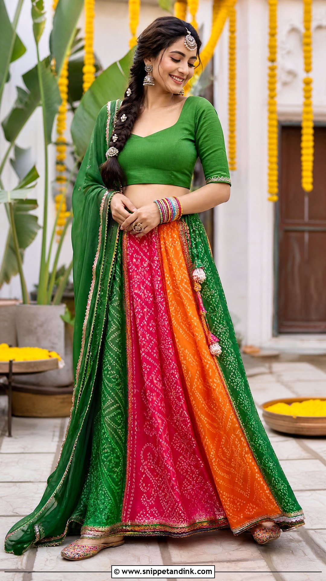 Bandhani Lehenga Mehendi Outfit - Snippet and Ink - 25 Haldi Mehendi Outfit Ideas