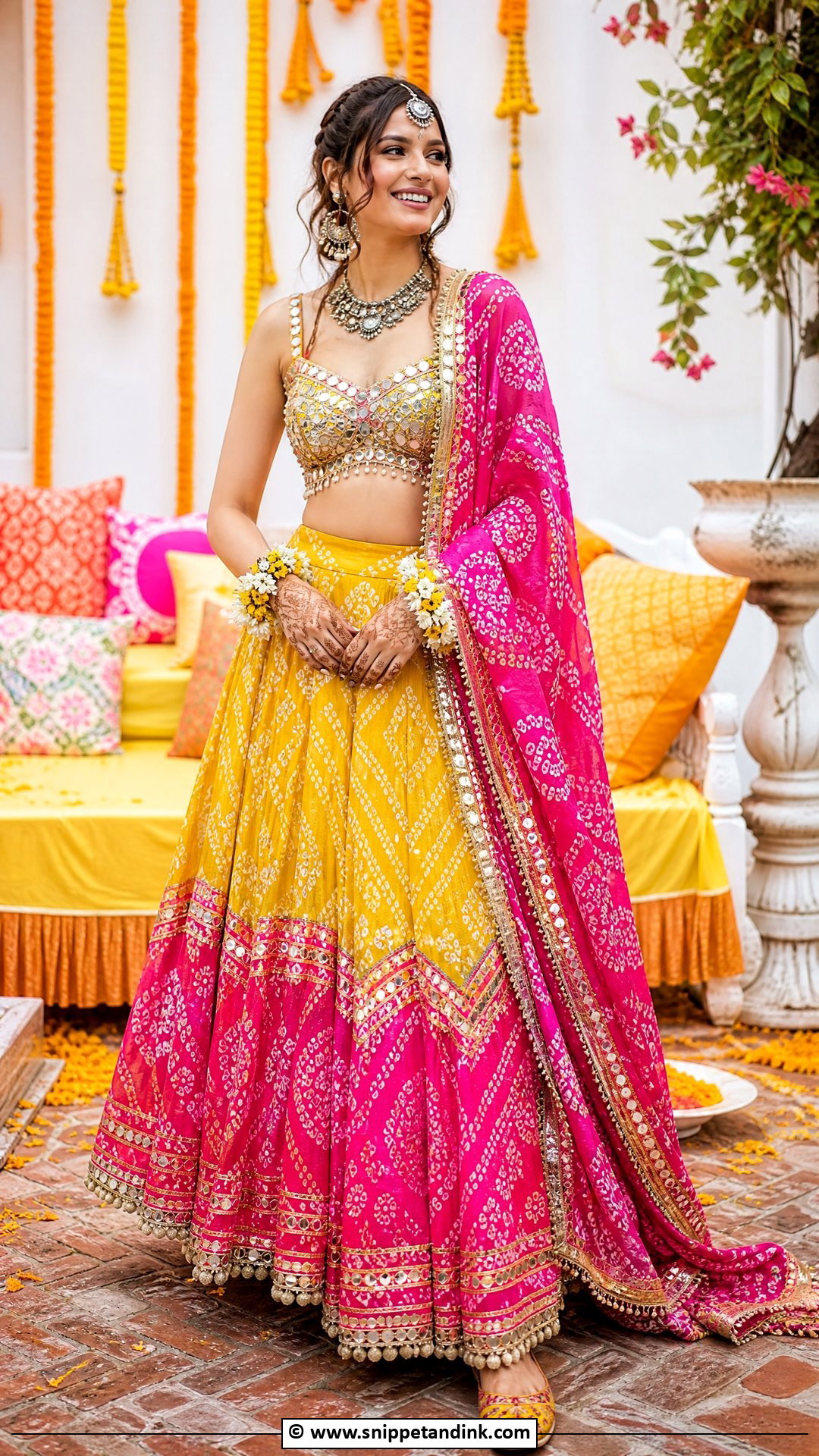 Bandhani Lehenga Mehendi Outfit - Snippet and Ink - 35 Mehendi Outfits for Bride