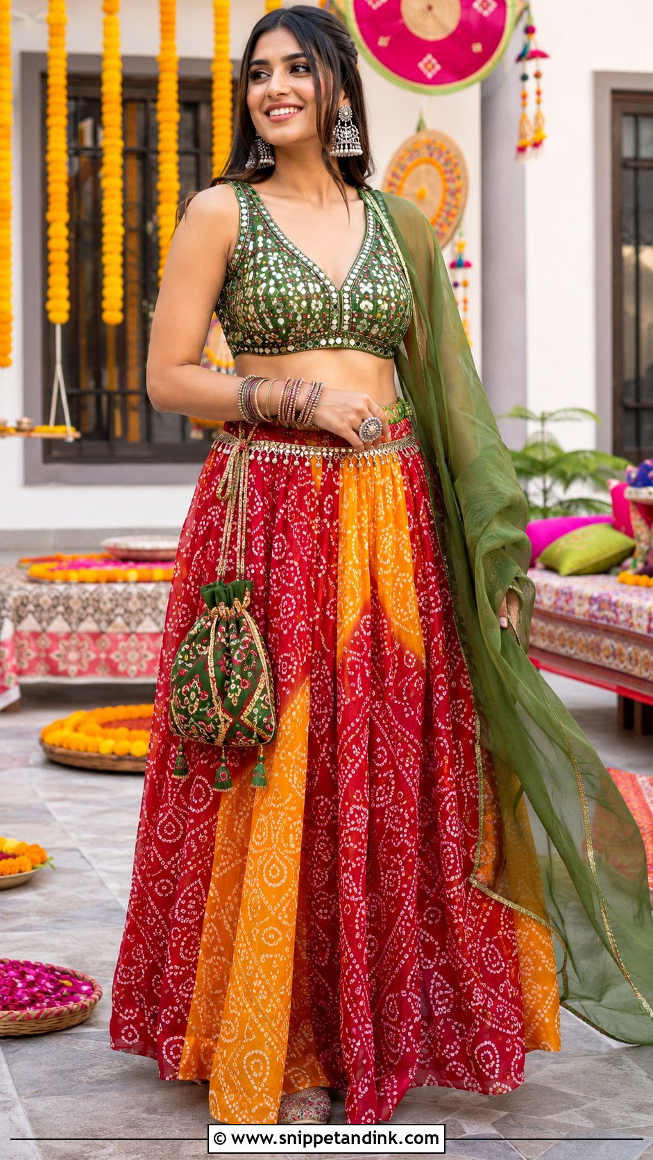 Bandhani Lehenga Mehndi Outfit - Snippet and Ink - 20 Mehndi Party Dress Ideas