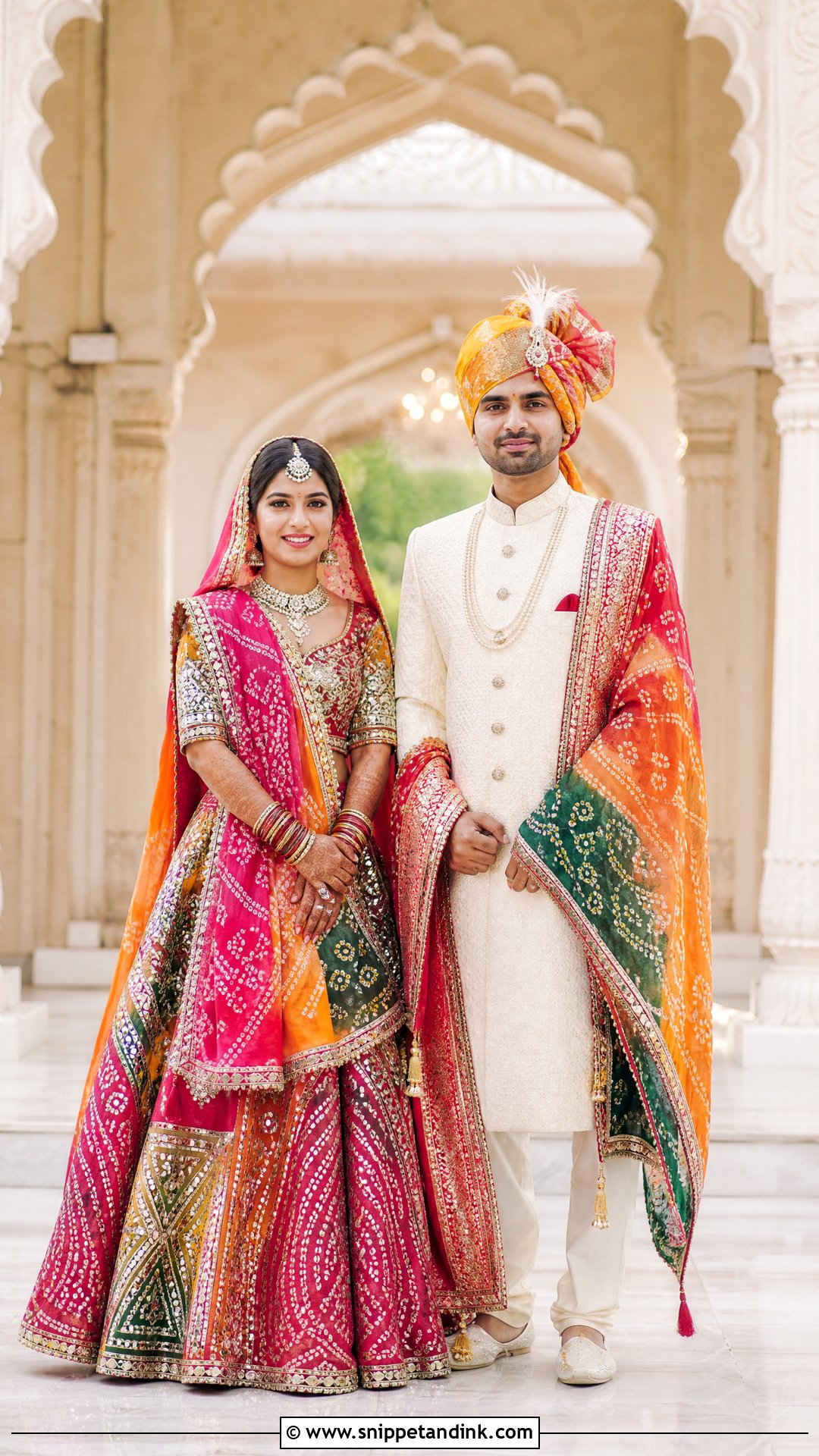 Bandhani Lehenga With Jodhpuri Sherwani - Snippet and Ink - 25 Indian Hindu Couple Wedding Dress Ideas