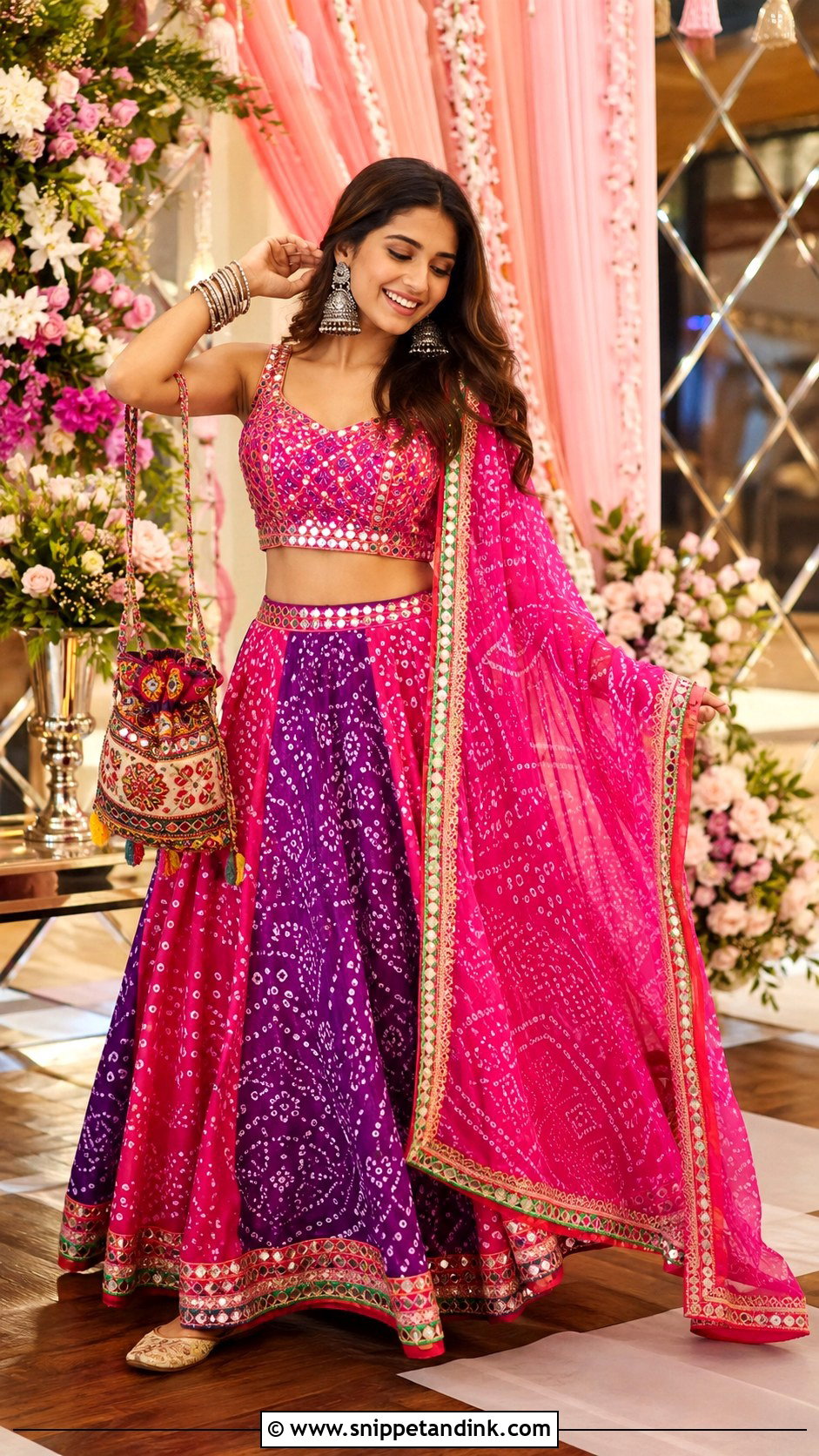 Bandhani Lehenga With Mirror Work Blouse For Indian Sangeet - Snippet and Ink - 20 Indian Sangeet Outfit Ideas