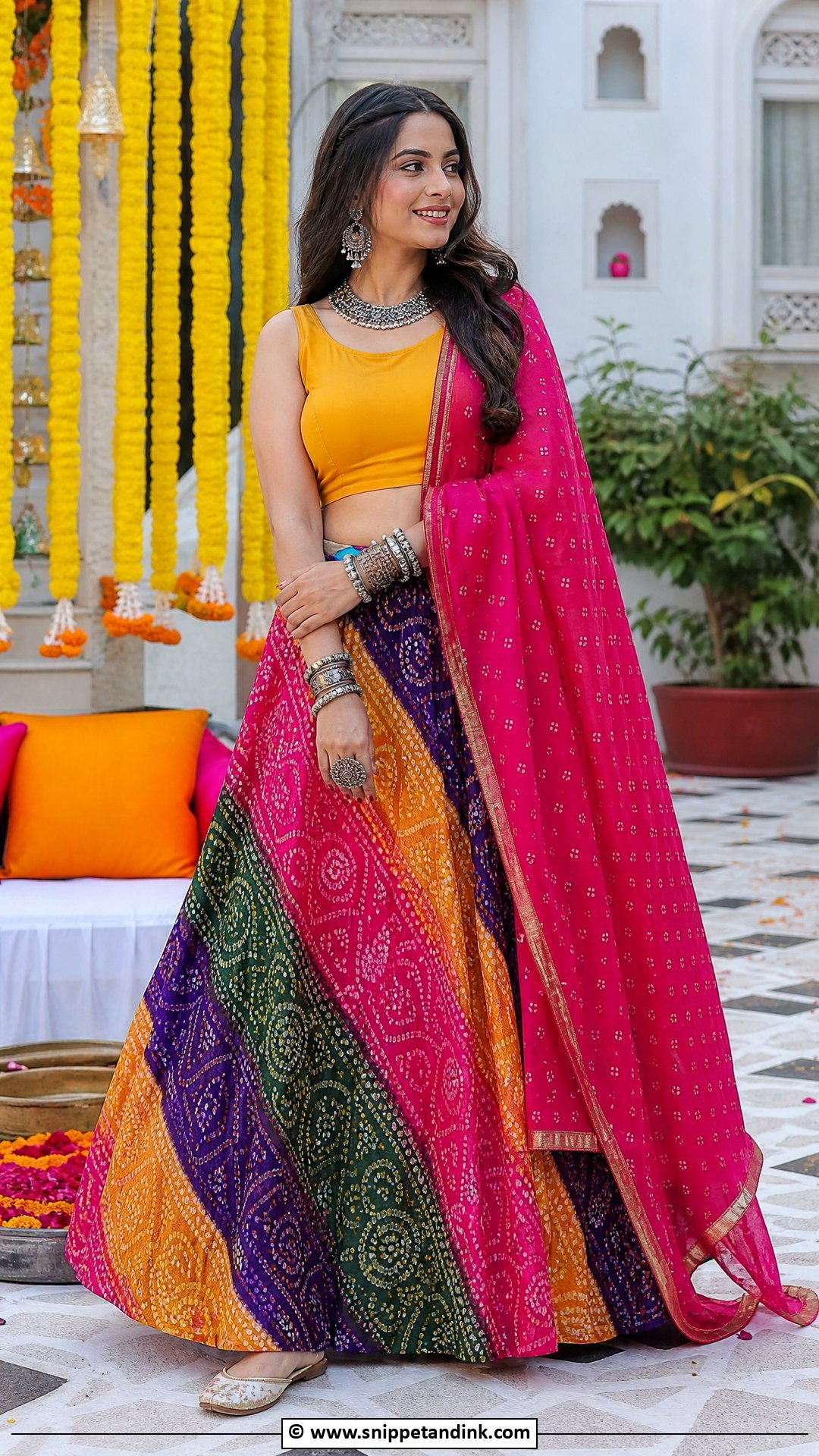 Bandhani Lehenga With Plain Blouse - Snippet and Ink - 35 Mehndi Dress Ideas