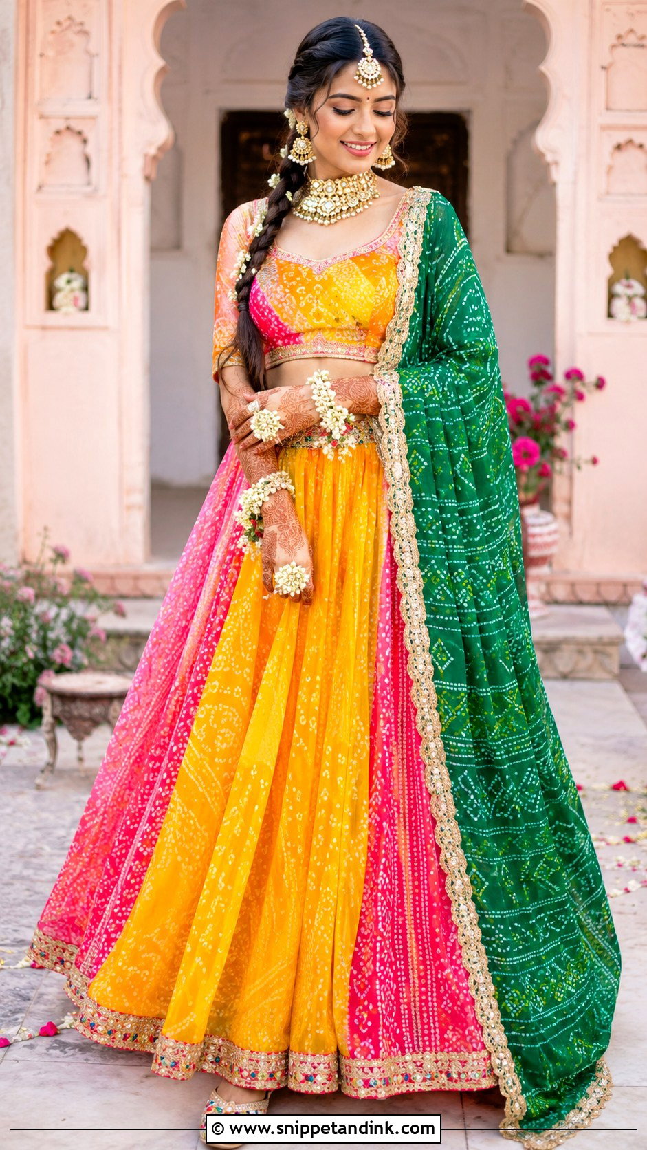 Bandhani Lehenga for Haldi Mehendi - Snippet and Ink - 20 Haldi Mehendi Outfit for Bride Ideas