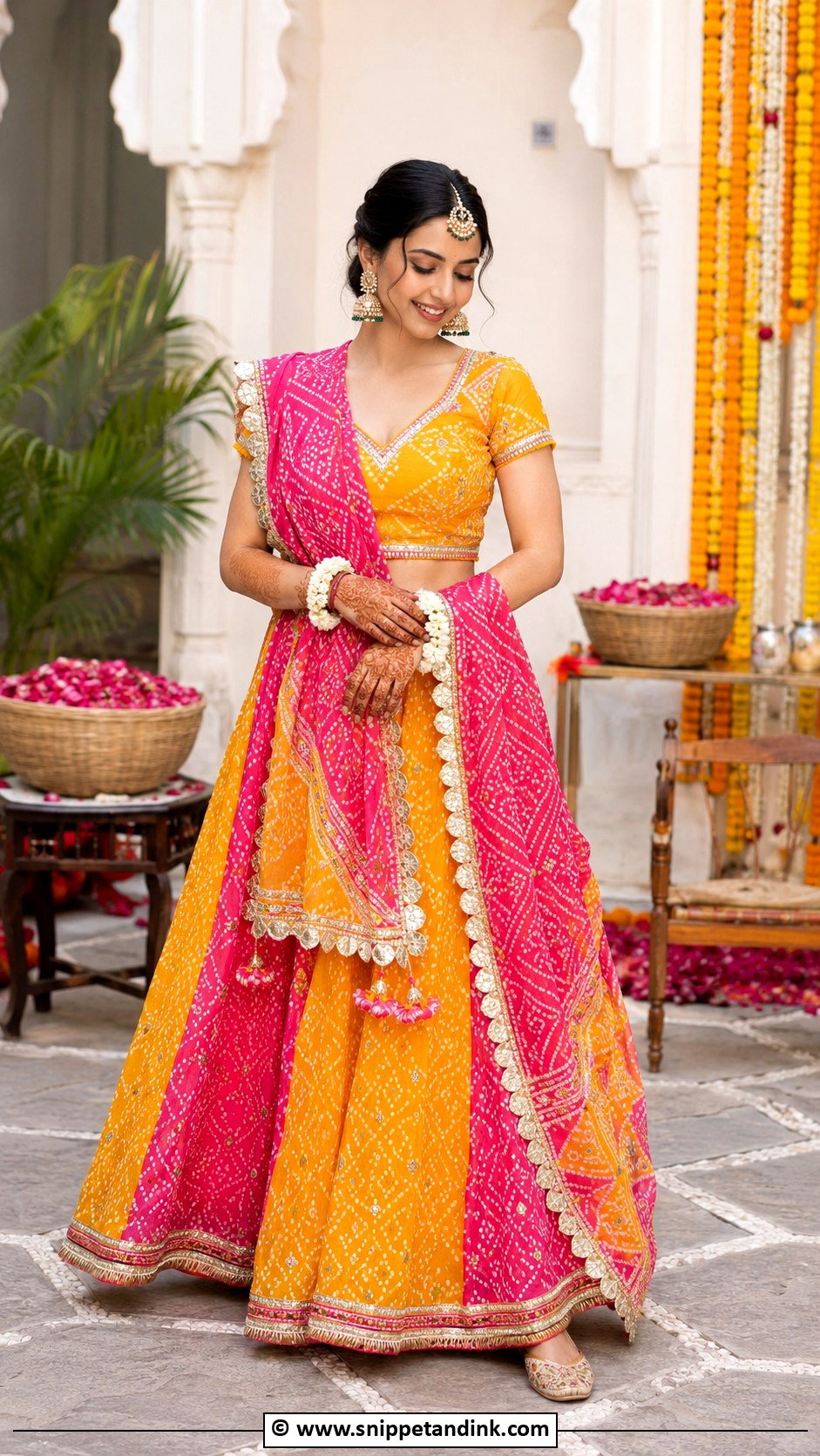 Bandhani Mehendi Bridal Lehenga - Snippet and Ink - 30 Mehendi Bridal Outfit Ideas
