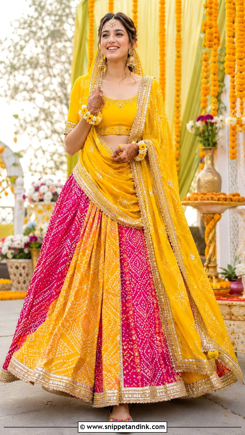 Bandhani Mehendi Lehenga - Snippet and Ink - 25 Mehendi Outfit Ideas for Bride
