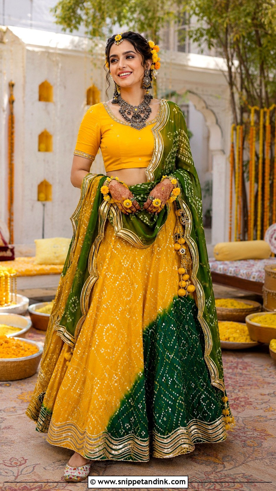Bandhani Mehendi Lehenga For Bride - Snippet and Ink - 30 Unique Mehendi Outfits for Bride