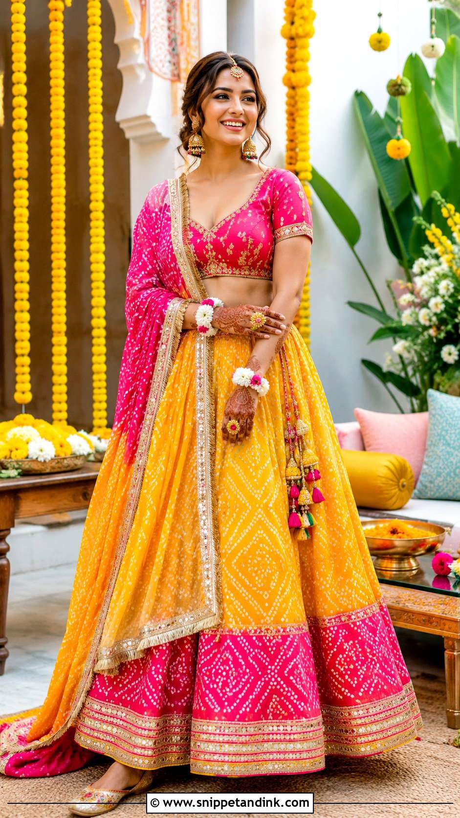 Bandhani Mehendi Lehenga - Snippet and Ink - 25 Mehendi Outfit for Bride Ideas