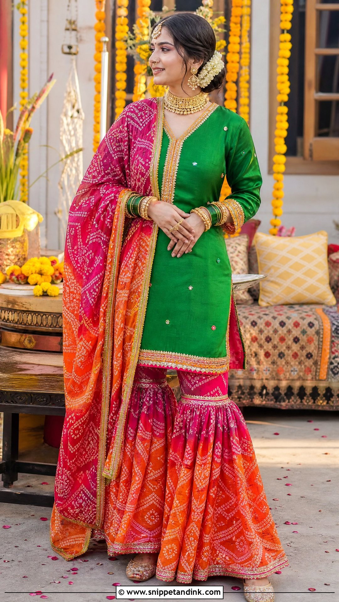 Bandhani Mehndi Bridal Gharara - Snippet and Ink - 20 Pakistan Mehndi Bridal Outfit Ideas