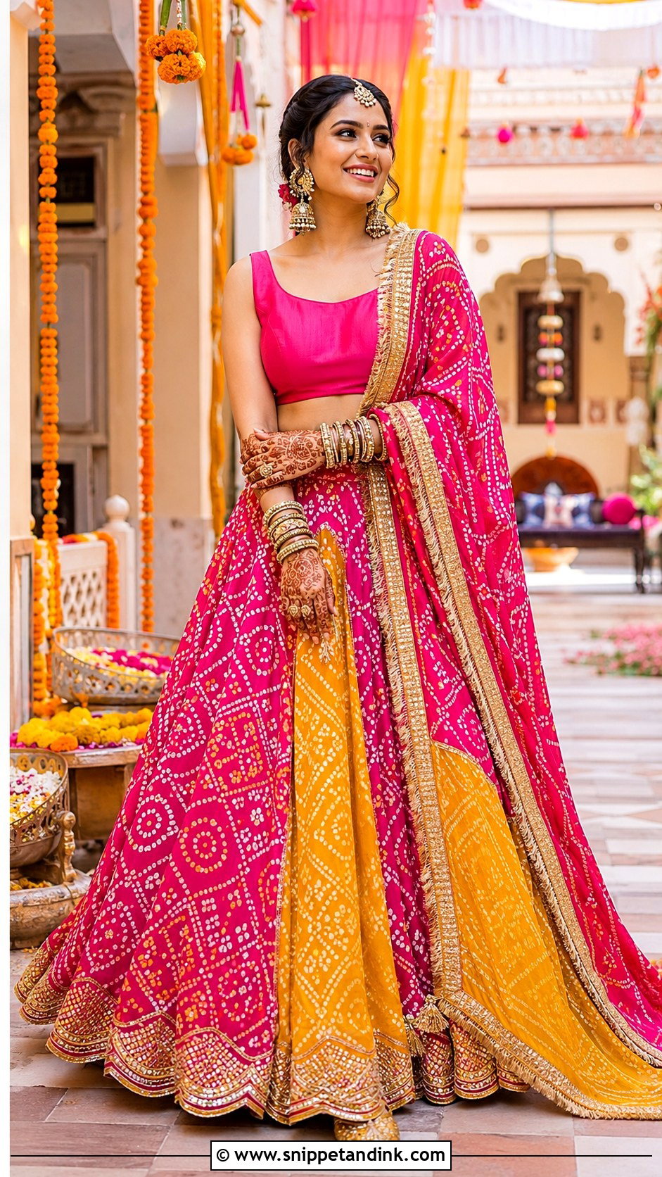 Bandhani Mehndi Lehenga Outfit - Snippet and Ink - 30 Mehndi Outfit for Bride Ideas