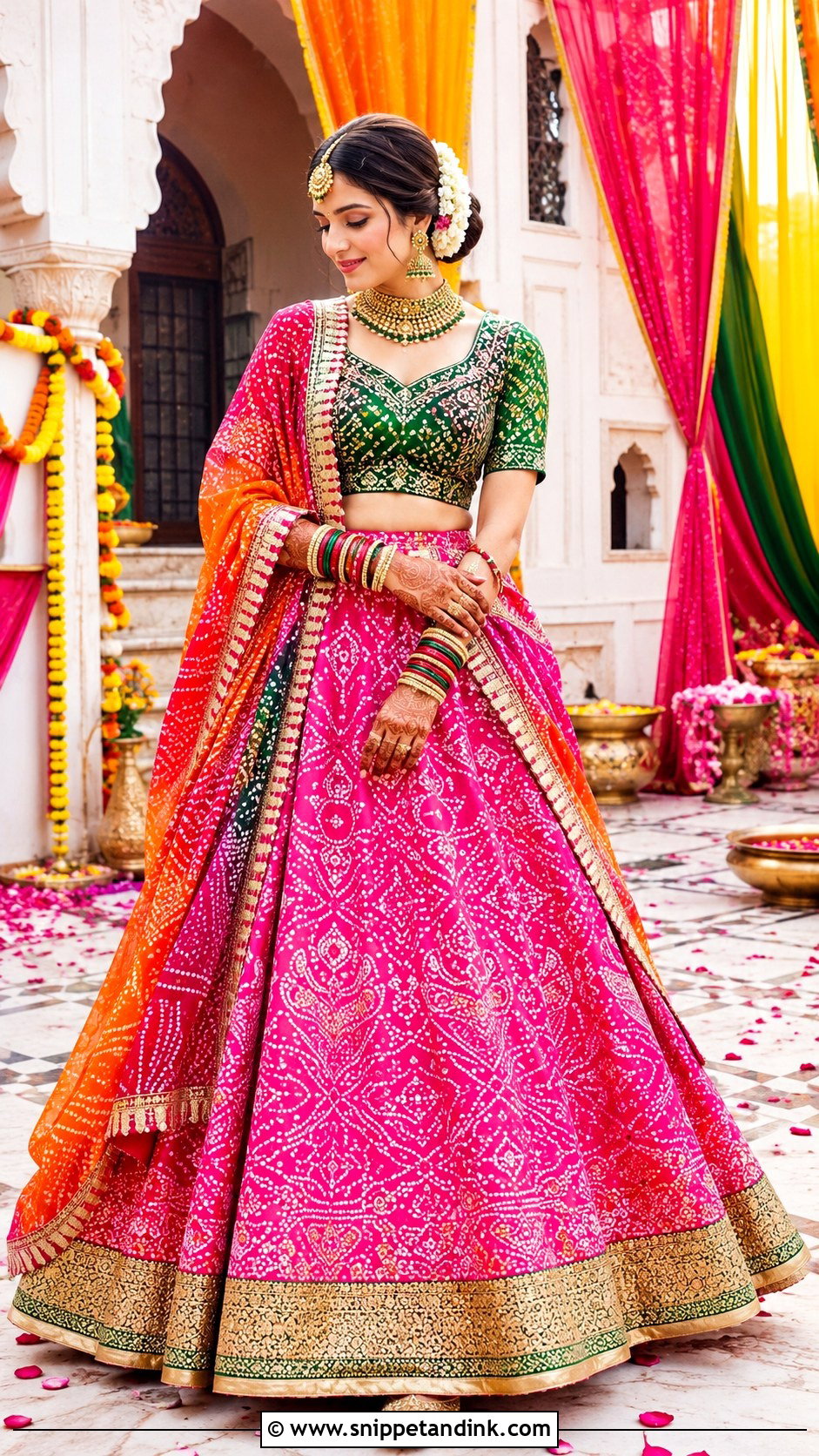 Bandhani Mehndi Lehenga - Snippet and Ink - 20 Mehndi Ceremony Outfit for Bride Ideas