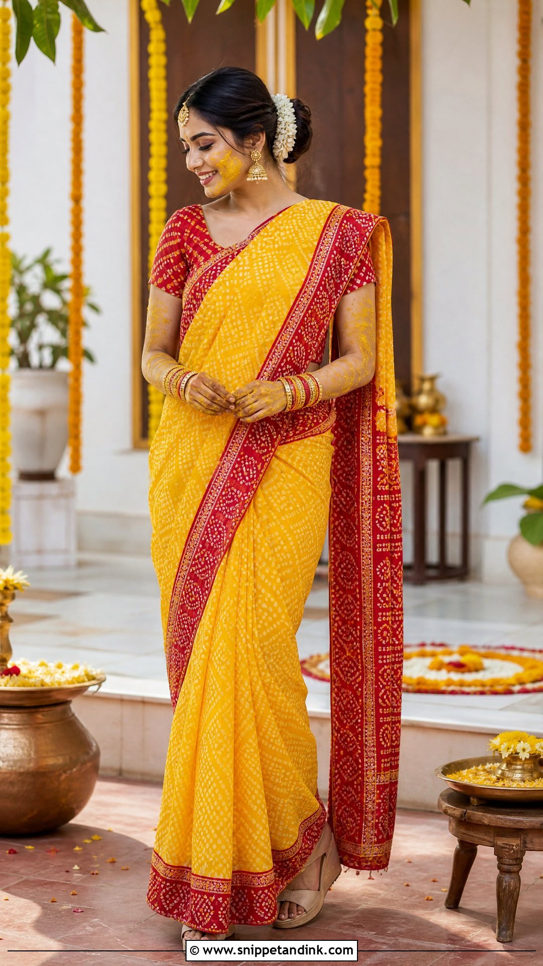Bandhani Pithi Saree For Bride - Snippet and Ink - 25 Pithi Outfit Brides Ideas