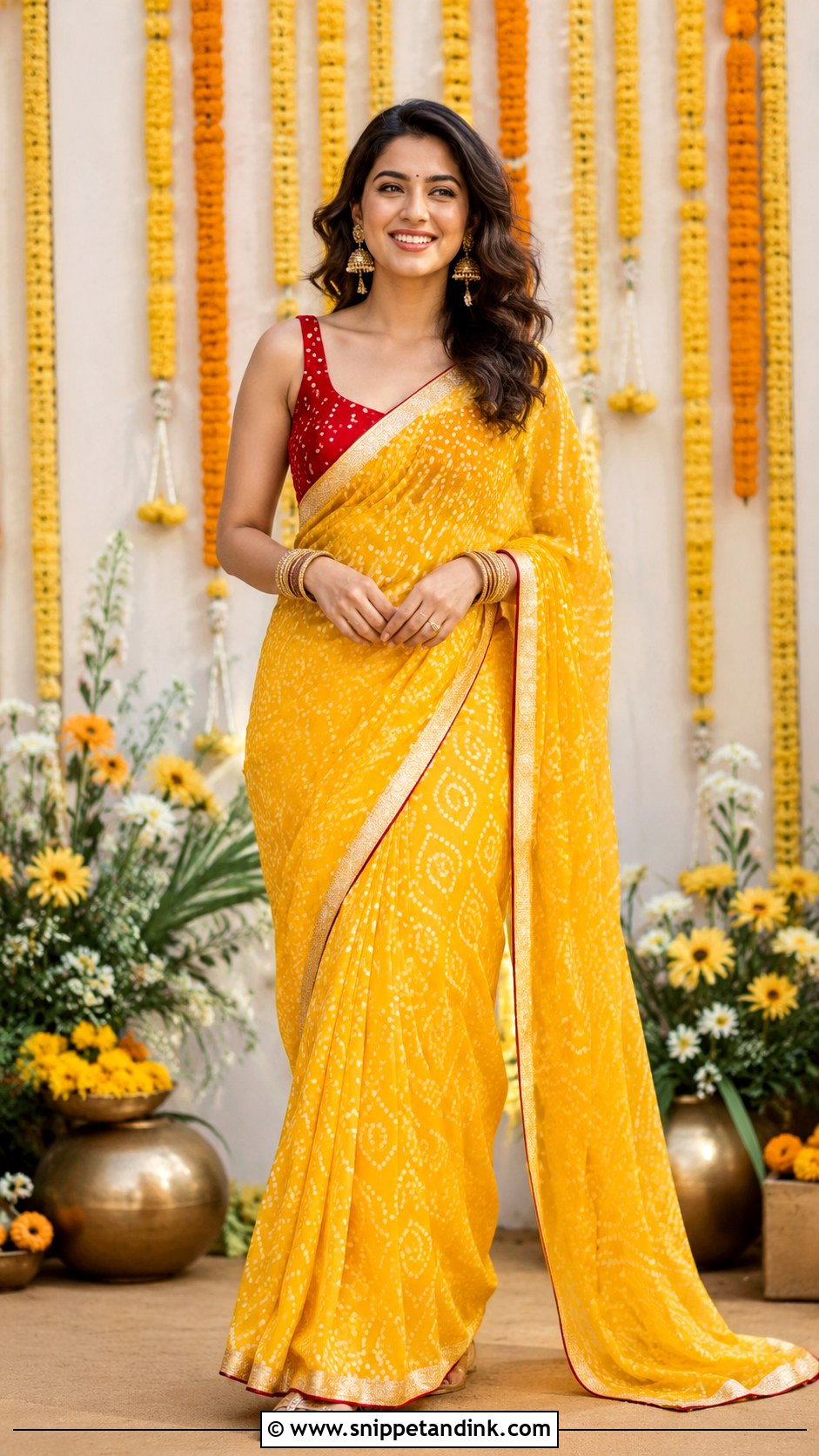 Bandhani Saree For Haldi Function - Snippet and Ink - 30 Haldi Function Outfit Ideas