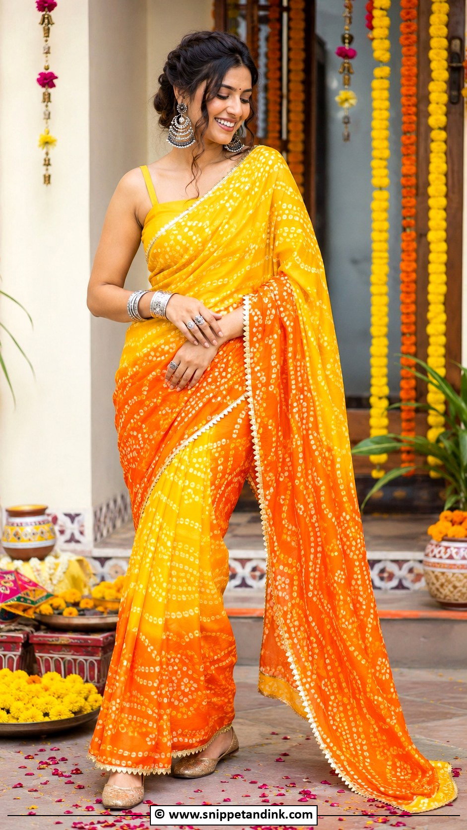 Bandhani Saree For Haldi - Snippet and Ink - 30 Indian Haldi Ceremony Outfit for Sister Ideas
