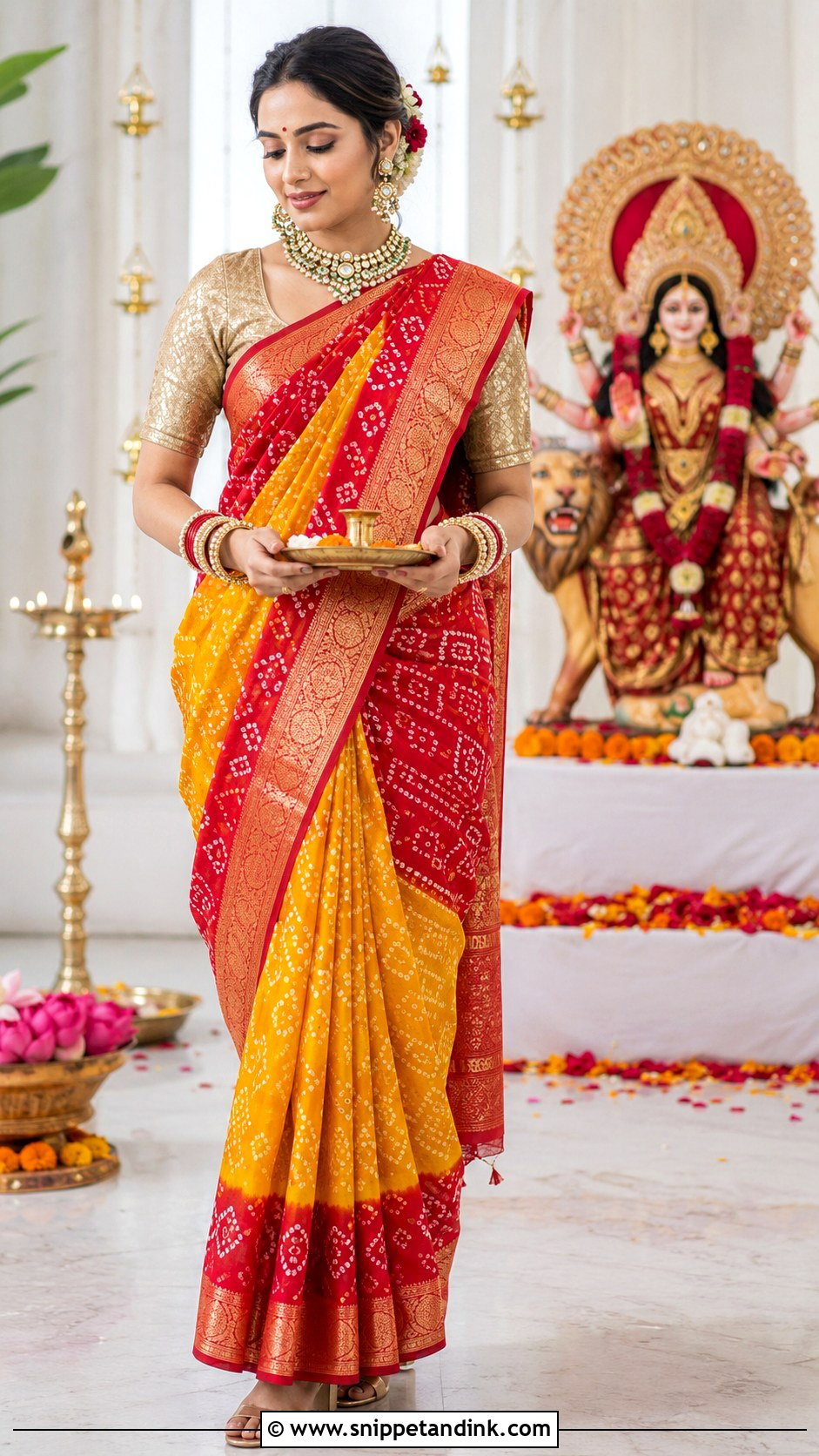 Bandhani Saree For Mata Pujan Bride - Snippet and Ink - 25 Mata Pujan Dress for Bride Ideas