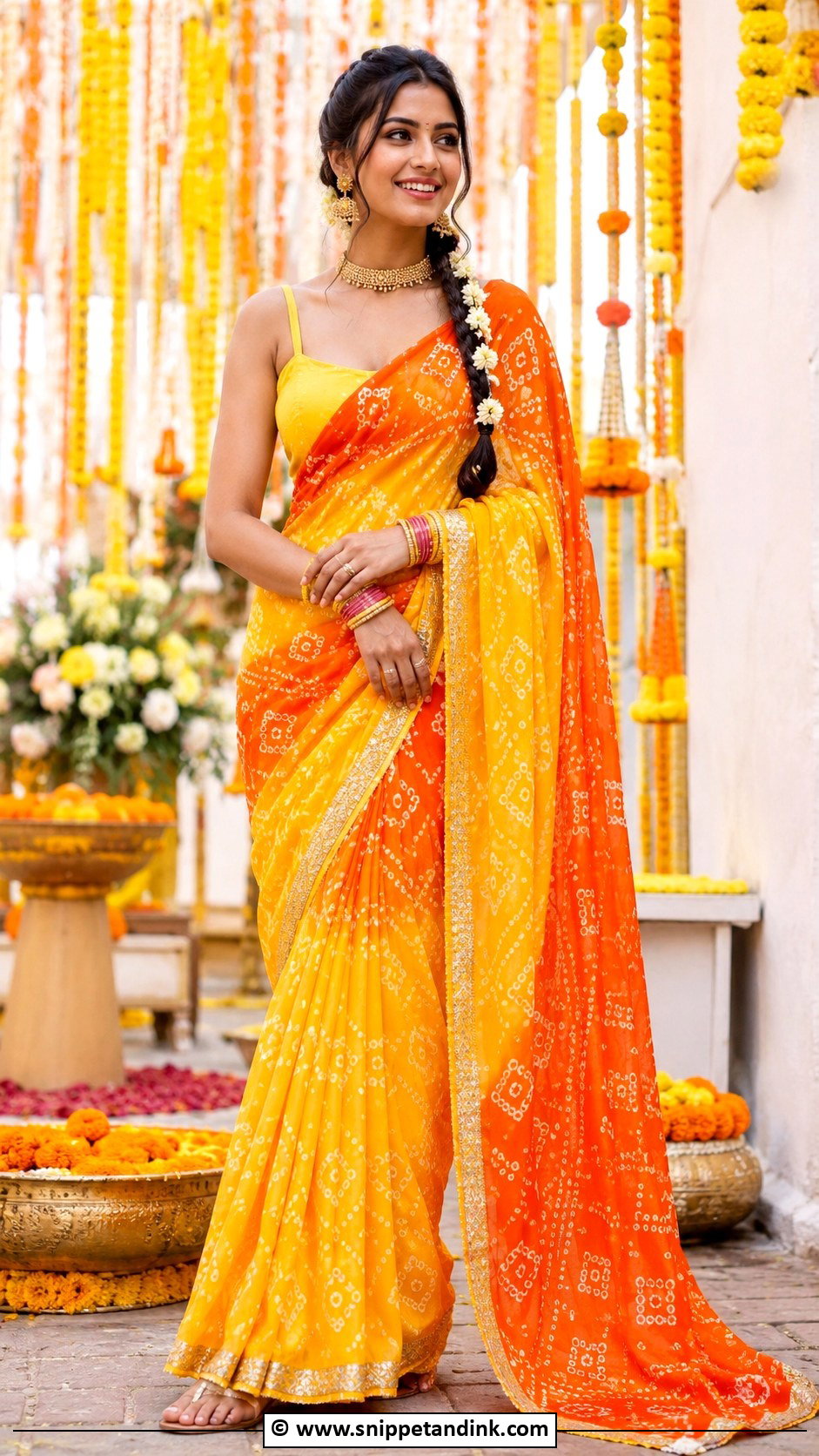 Bandhani Saree Haldi Outfit - Snippet and Ink - 30 Haldi Theme Ideas Outfit
