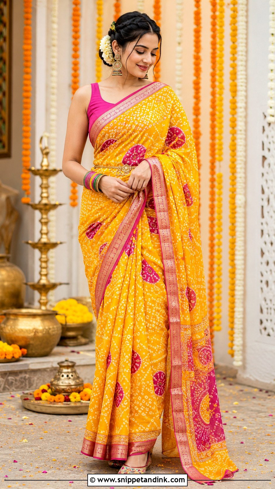 Bandhani Saree Outfit For Haldi - Snippet and Ink - 20 Haldi Trending Outfits