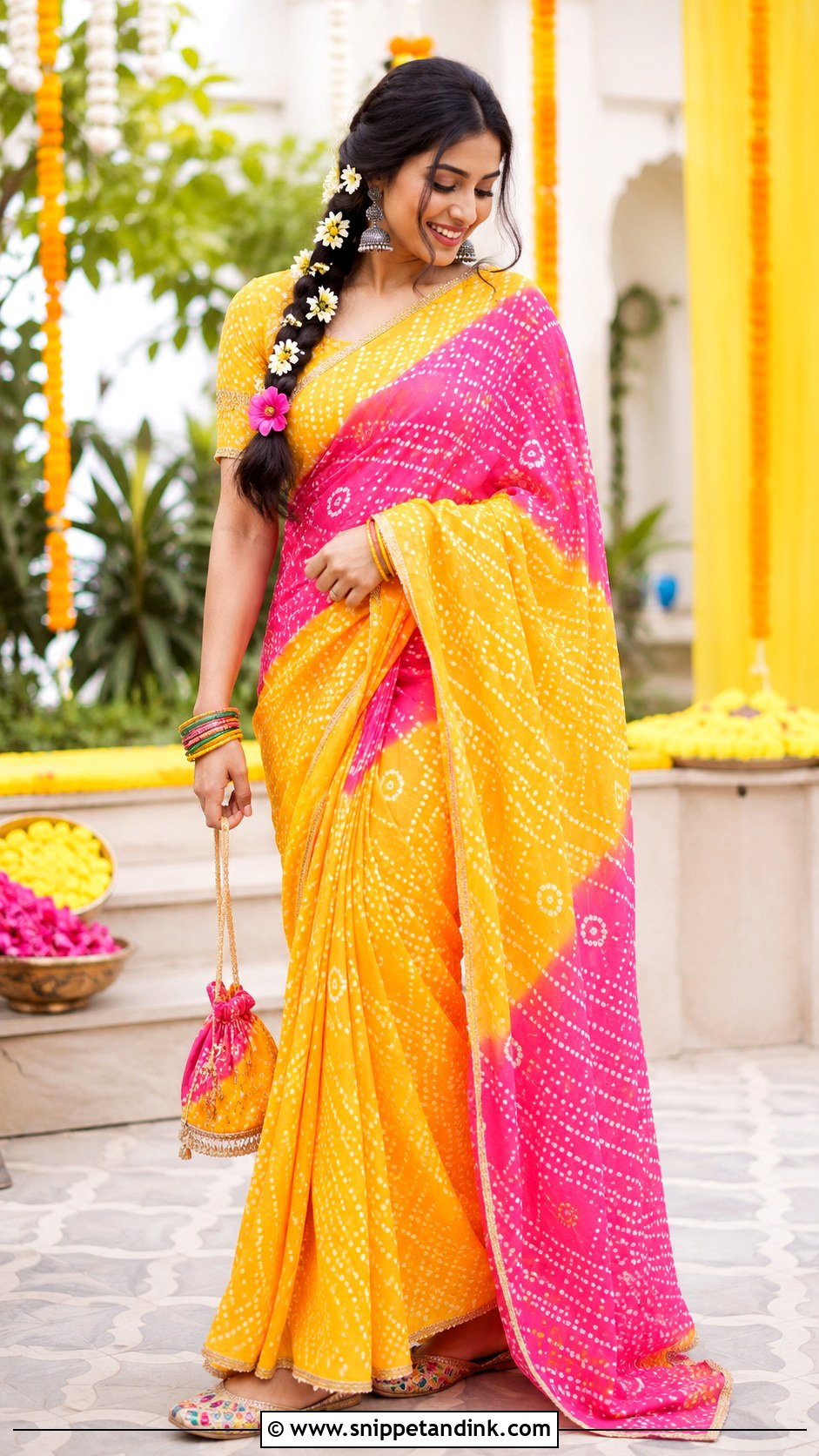 Bandhani Saree for Haldi Ceremony - Snippet and Ink - 20 Indian Wedding Dress for Sisters Wedding Ideas