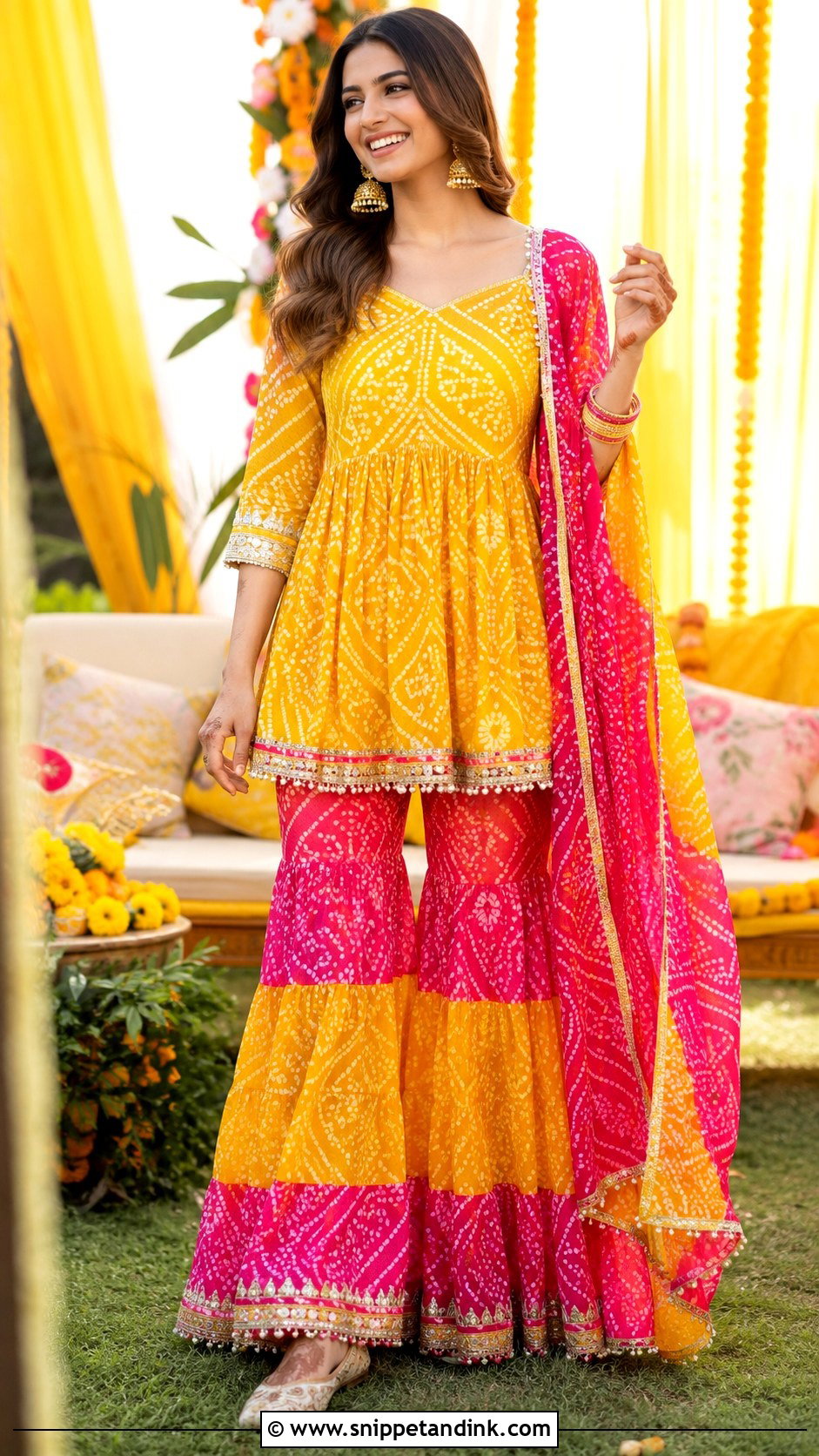 Bandhani Sharara Haldi Carnival Outfit - Snippet and Ink - 25 Haldi Carnival Outfit Ideas