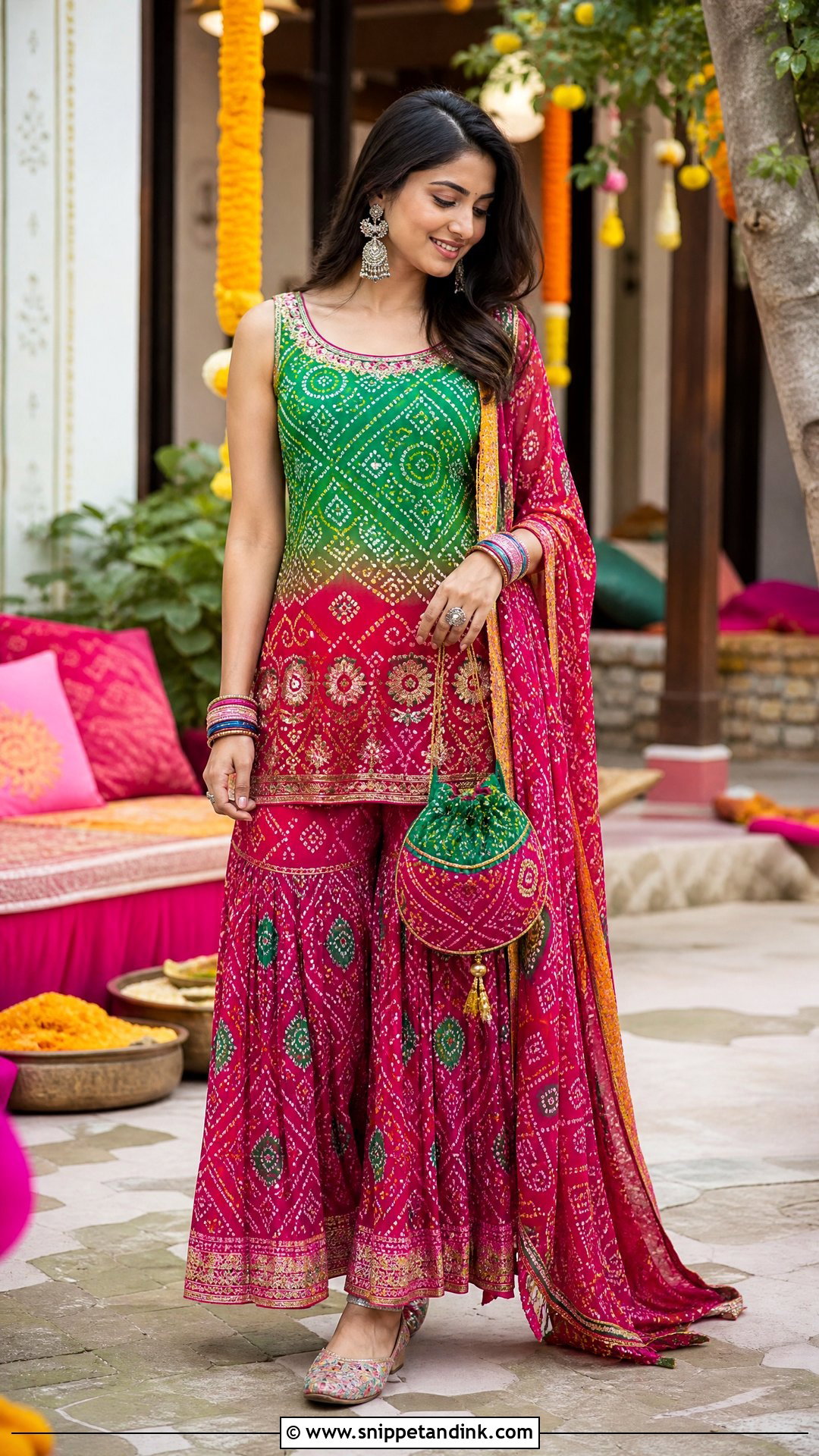 Bandhani Sharara Suit For Mehndi - Snippet and Ink - 20 Indian Pre Wedding Outfit Ideas