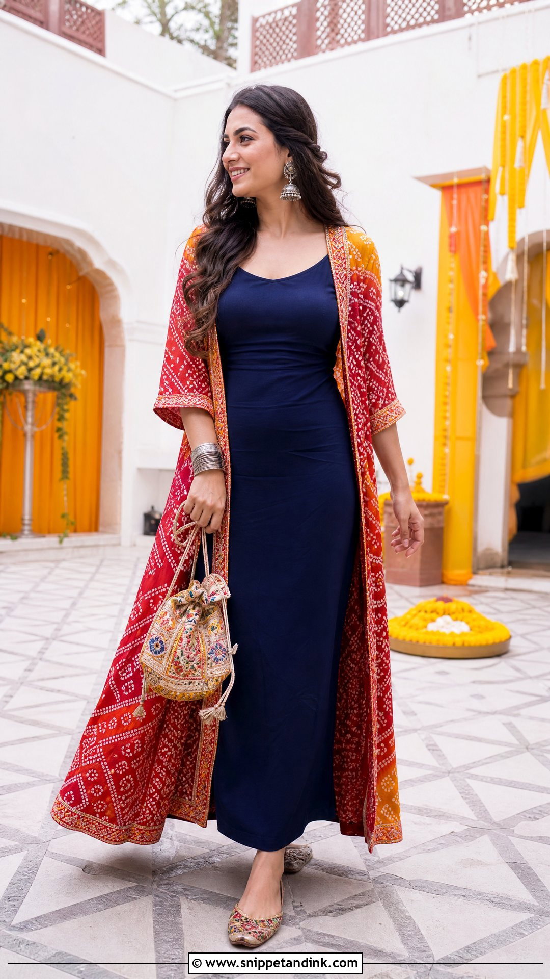 Bandhani Shrug With Solid Maxi Dress - Snippet and Ink - 20 Shrugs for Dresses Indian Wedding