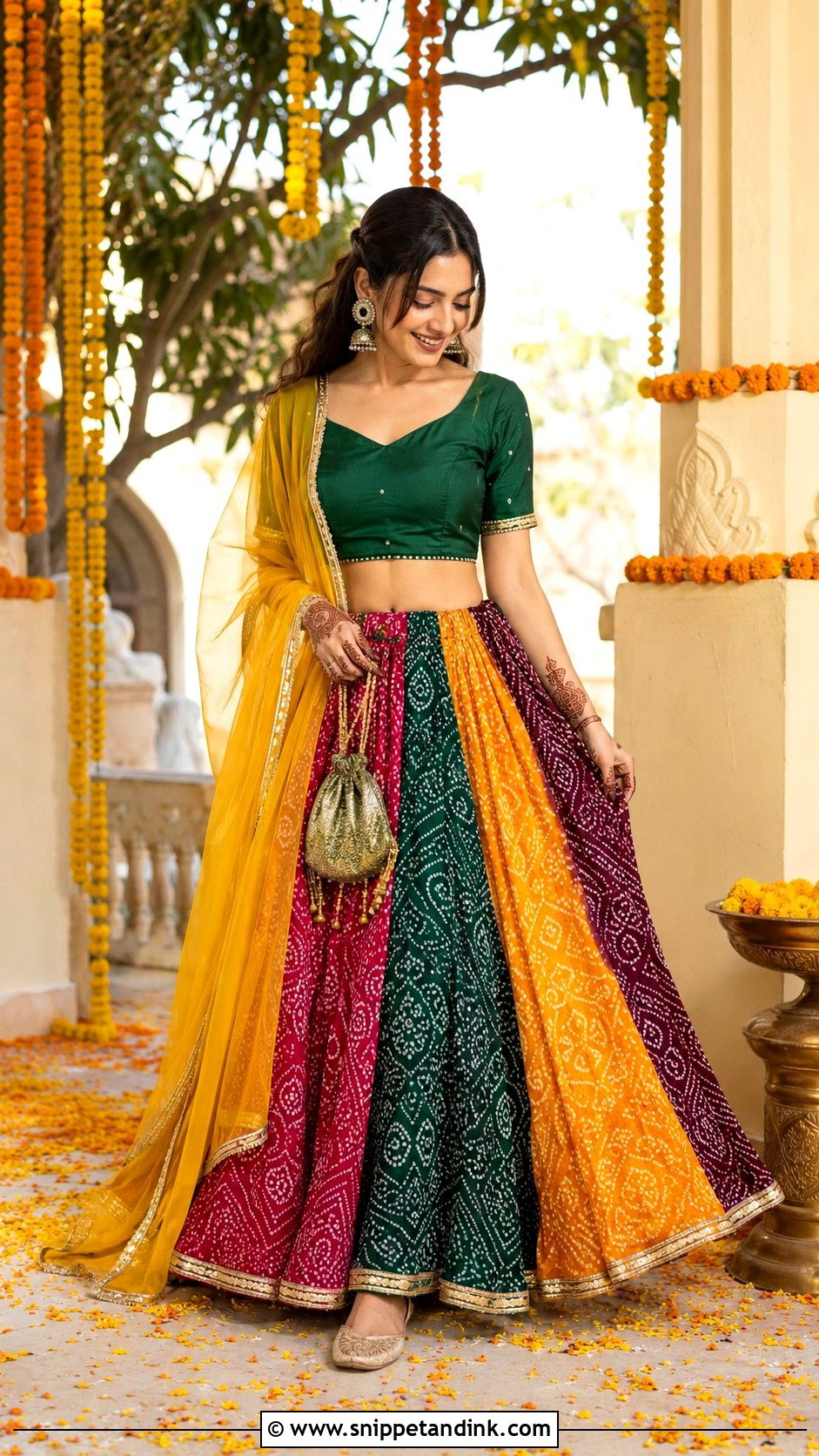 Bandhani Skirt And Crop Top Mehndi Outfit - Snippet and Ink - 20 Mehndi Wedding Dress Ideas