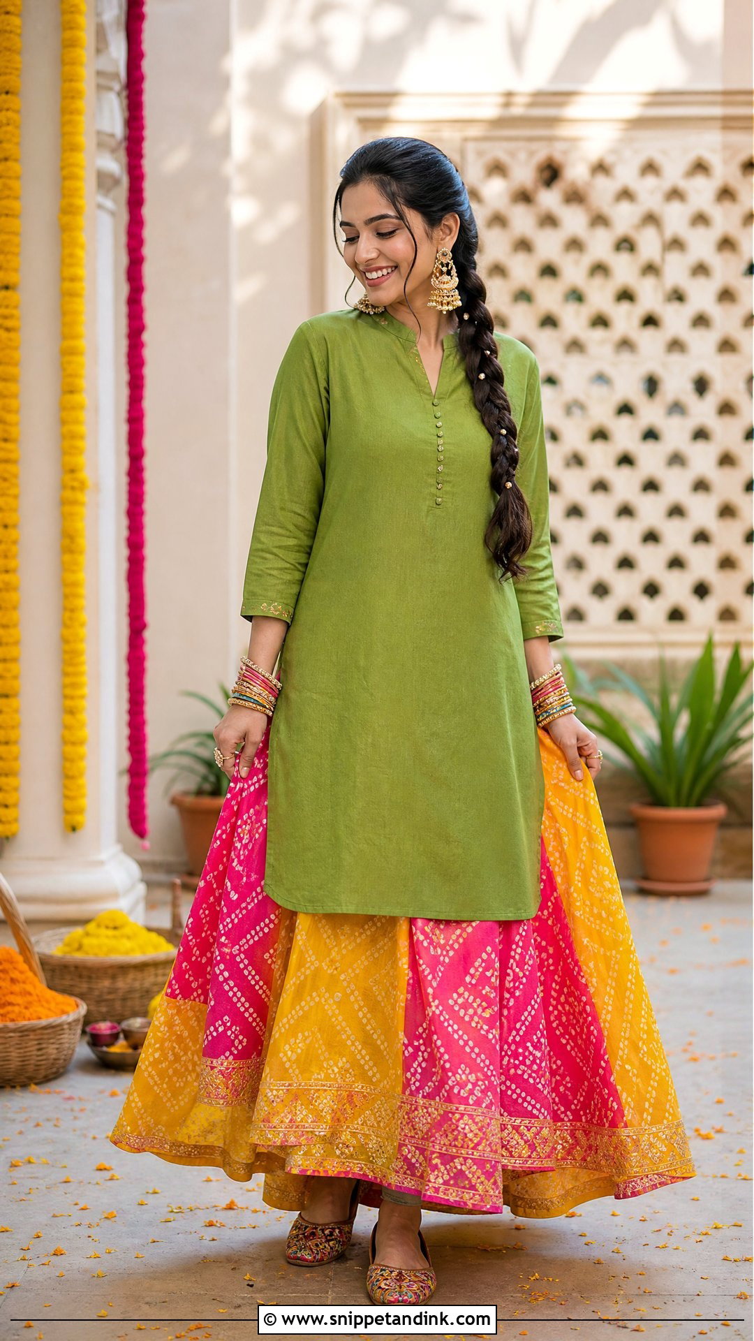 Bandhani Skirt And Kurta For Mehendi - Snippet and Ink - 20 Simple Mehendi Outfits