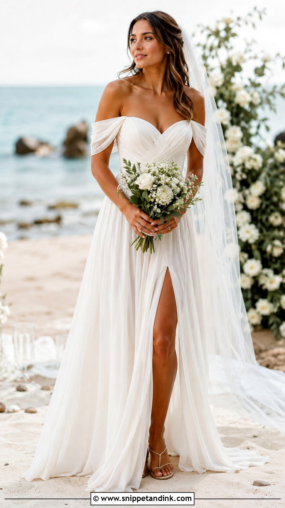 Bardot Beach Wedding Dress - Snippet and Ink - 25 Bardot Wedding Dress Ideas